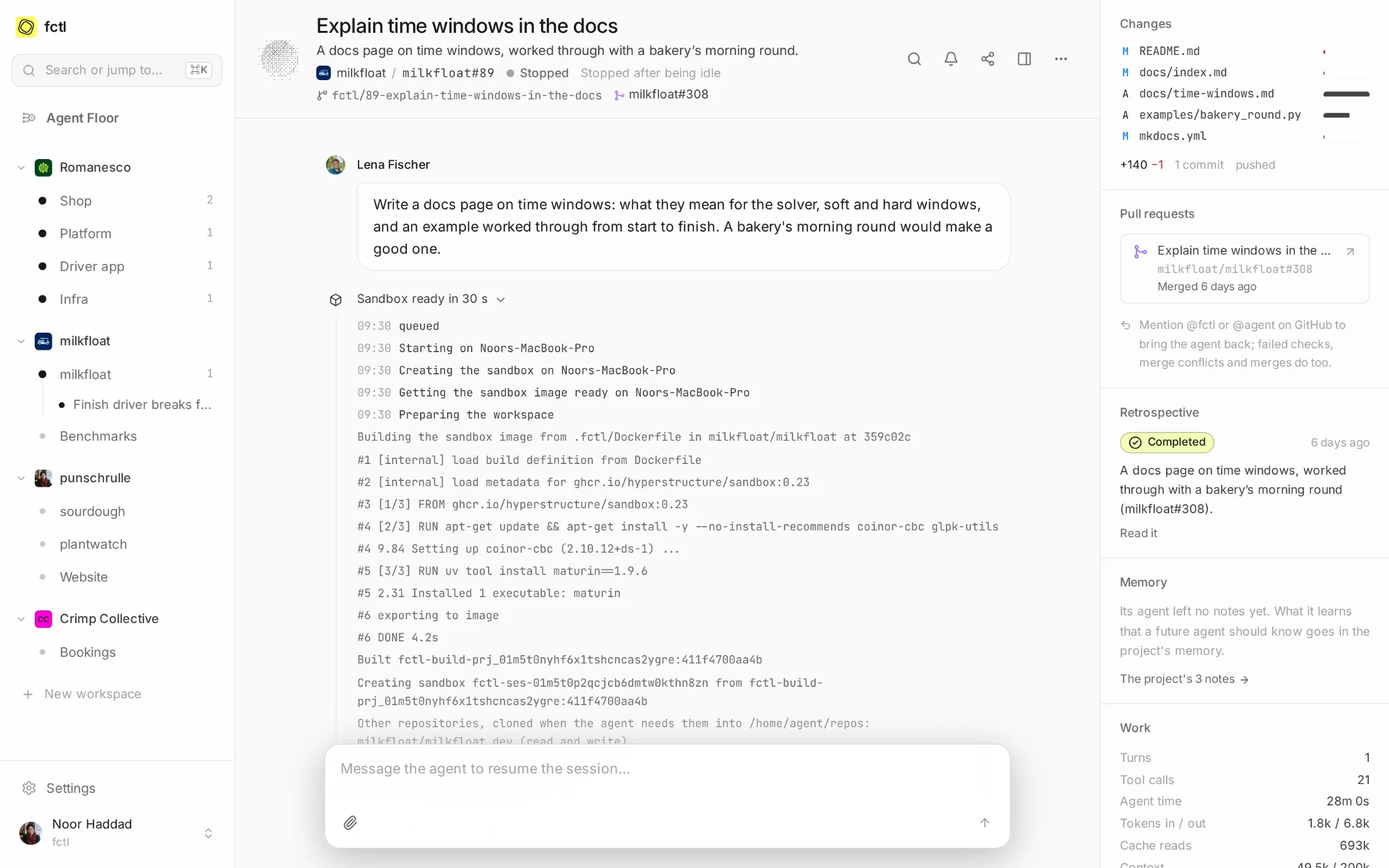 A milkfloat session's setup: Noor's MacBook builds the sandbox from .fctl/Dockerfile first, then creates it.