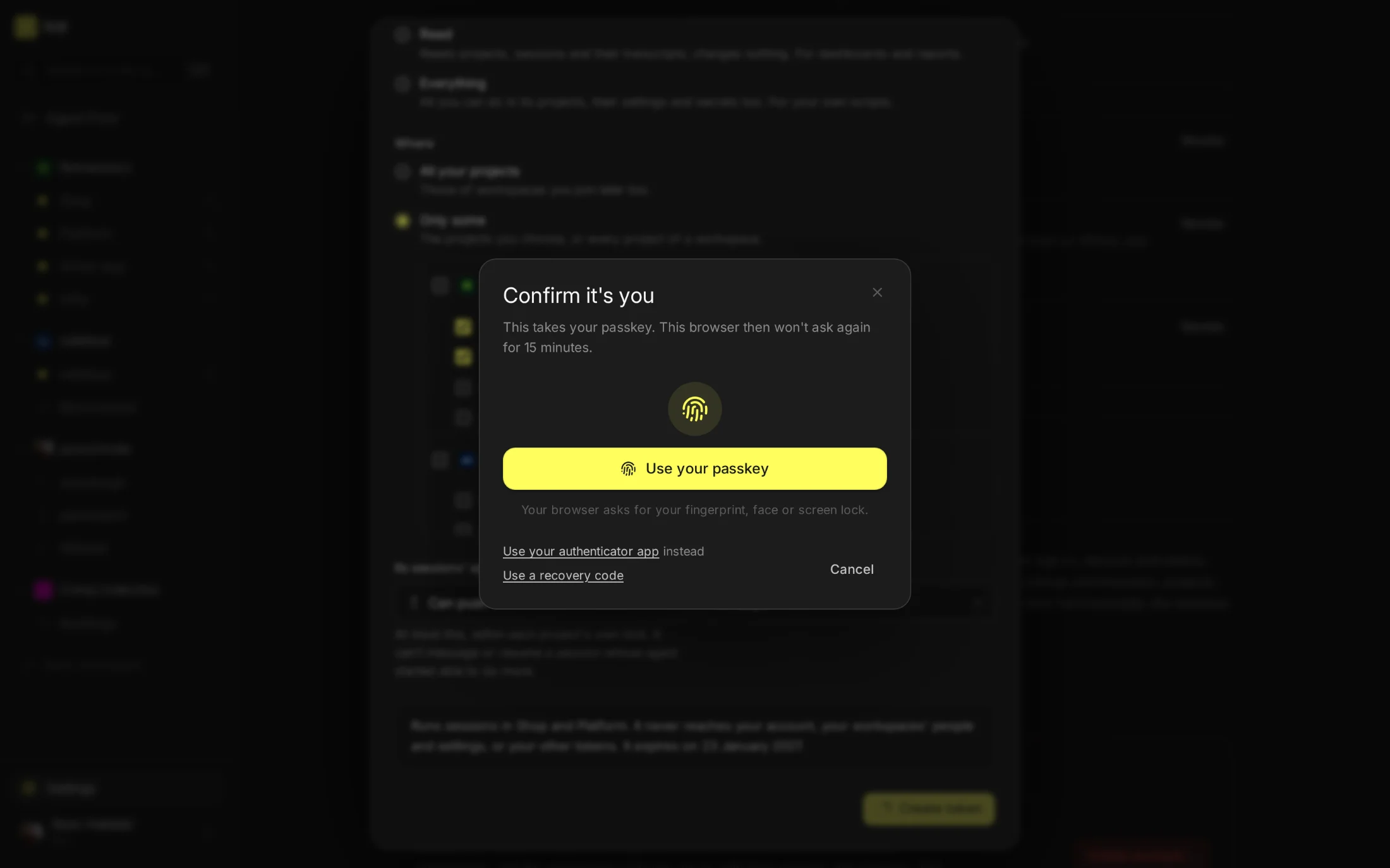 Confirm it's you: making the token takes Noor's passkey first.