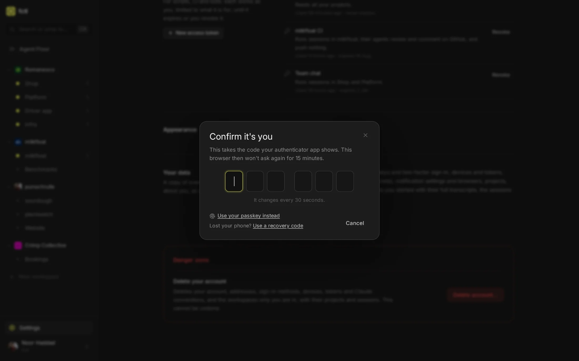 Confirm it's you, before exporting Noor's data: the code her authenticator app shows, or her passkey instead.