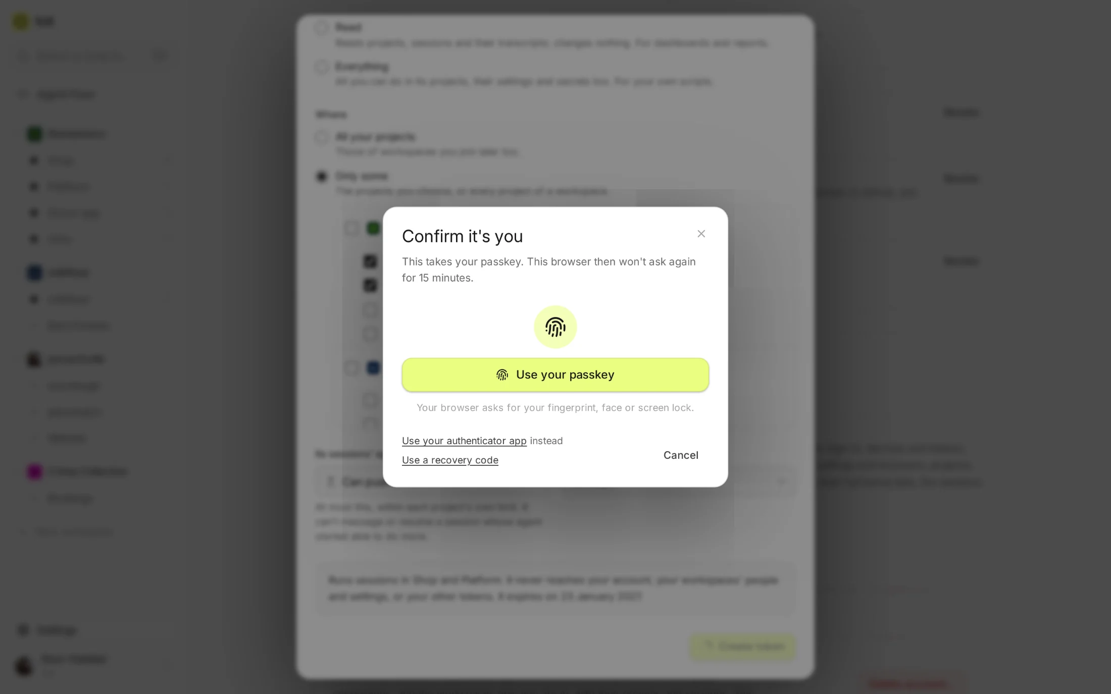 Confirm it's you: making the token takes Noor's passkey first.