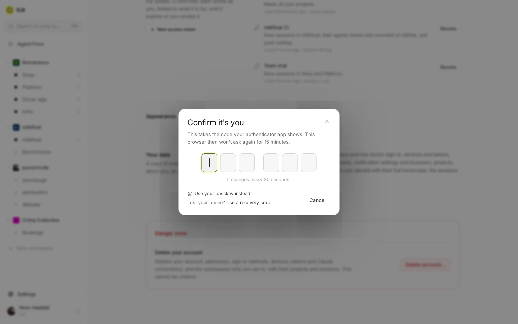 Confirm it's you, before exporting Noor's data: the code her authenticator app shows, or her passkey instead.