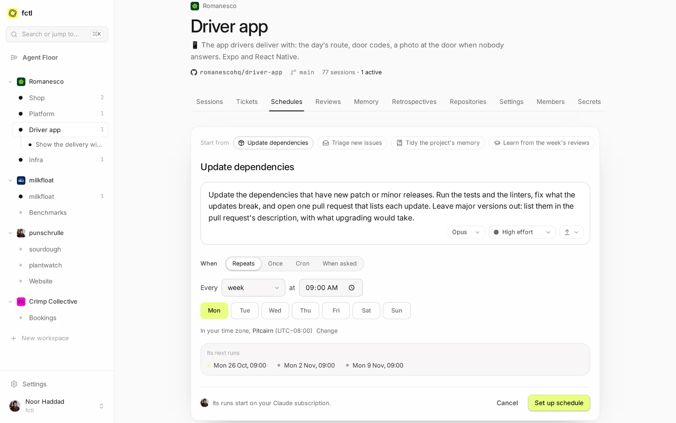 A new schedule from the Update dependencies idea: its task filled in, every Monday at 09:00, and the next three runs listed.