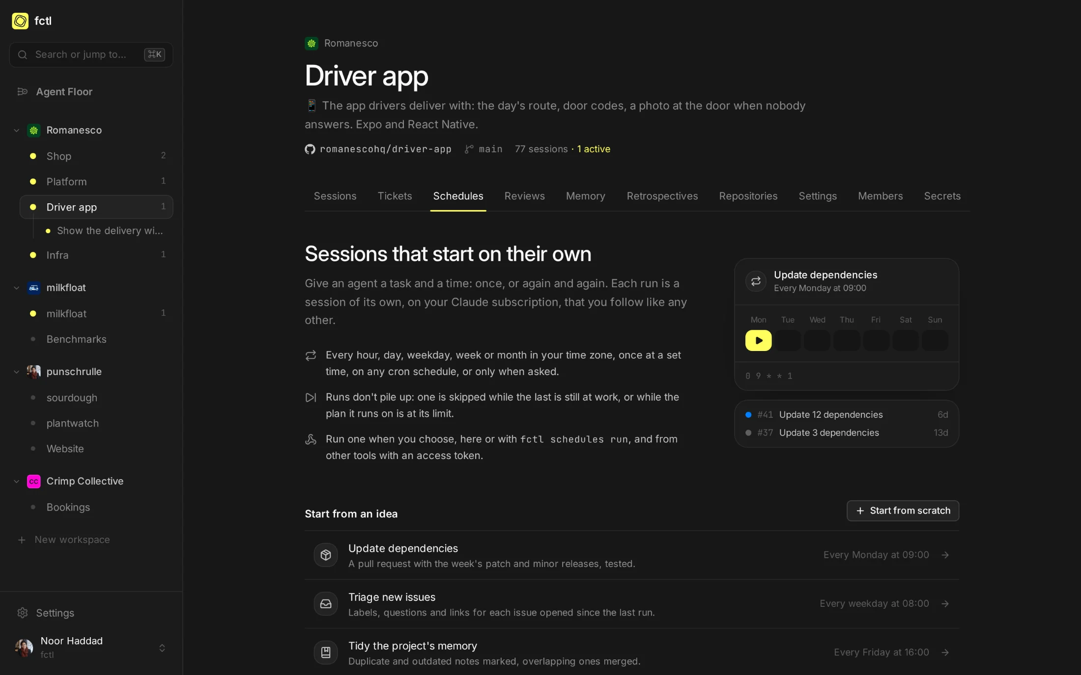 The Driver app's Schedules tab before it has any: what schedules do, a preview of the week, and four ideas to start from.