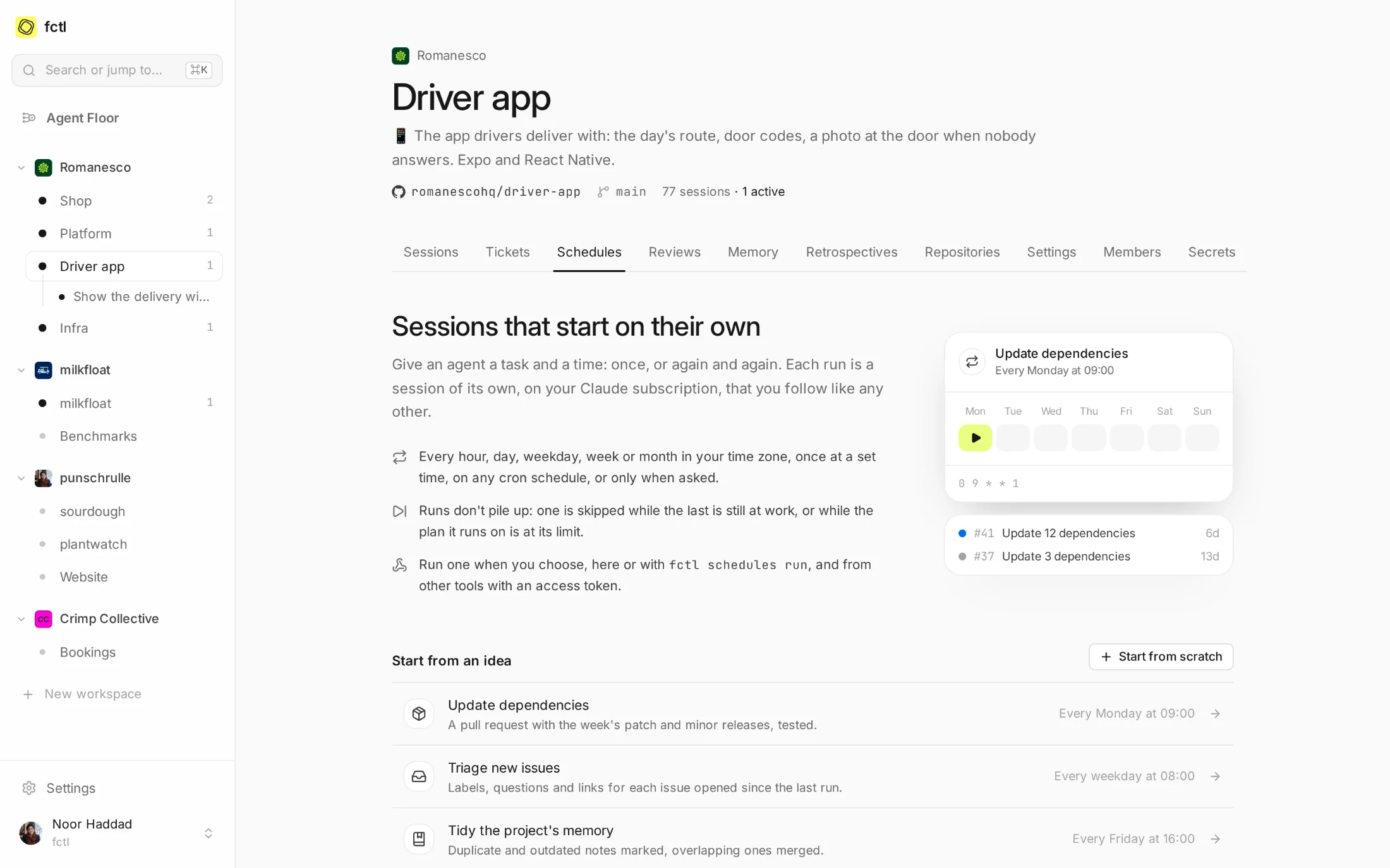 The Driver app's Schedules tab before it has any: what schedules do, a preview of the week, and four ideas to start from.