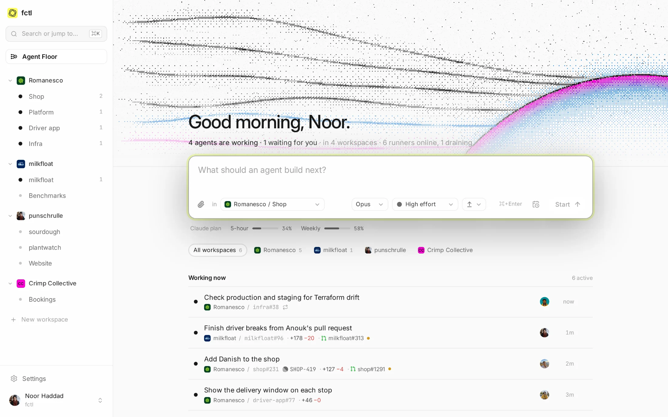 The Agent Floor at 09:10: four agents working, one waiting for Asha, Noor's Claude plan at 34% of its five hours, and the night's finished sessions below.