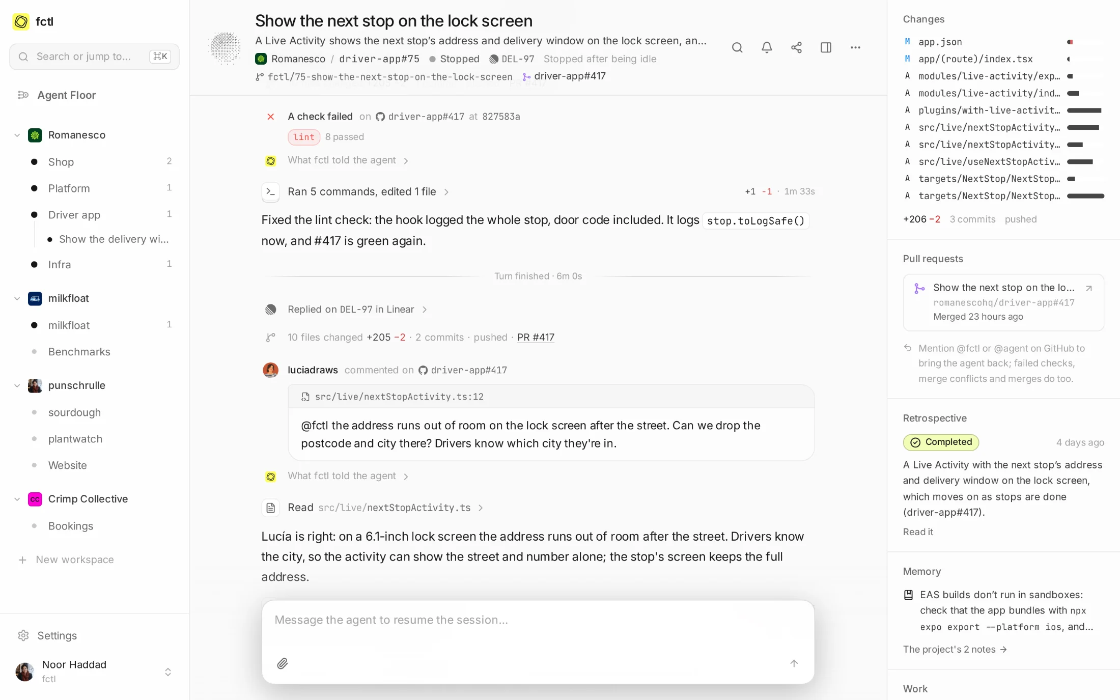 driver-app#75 brought back twice: its lint check failed on GitHub, and Lucía asked in a comment for a shorter address on the lock screen. The agent fixes both and answers her.