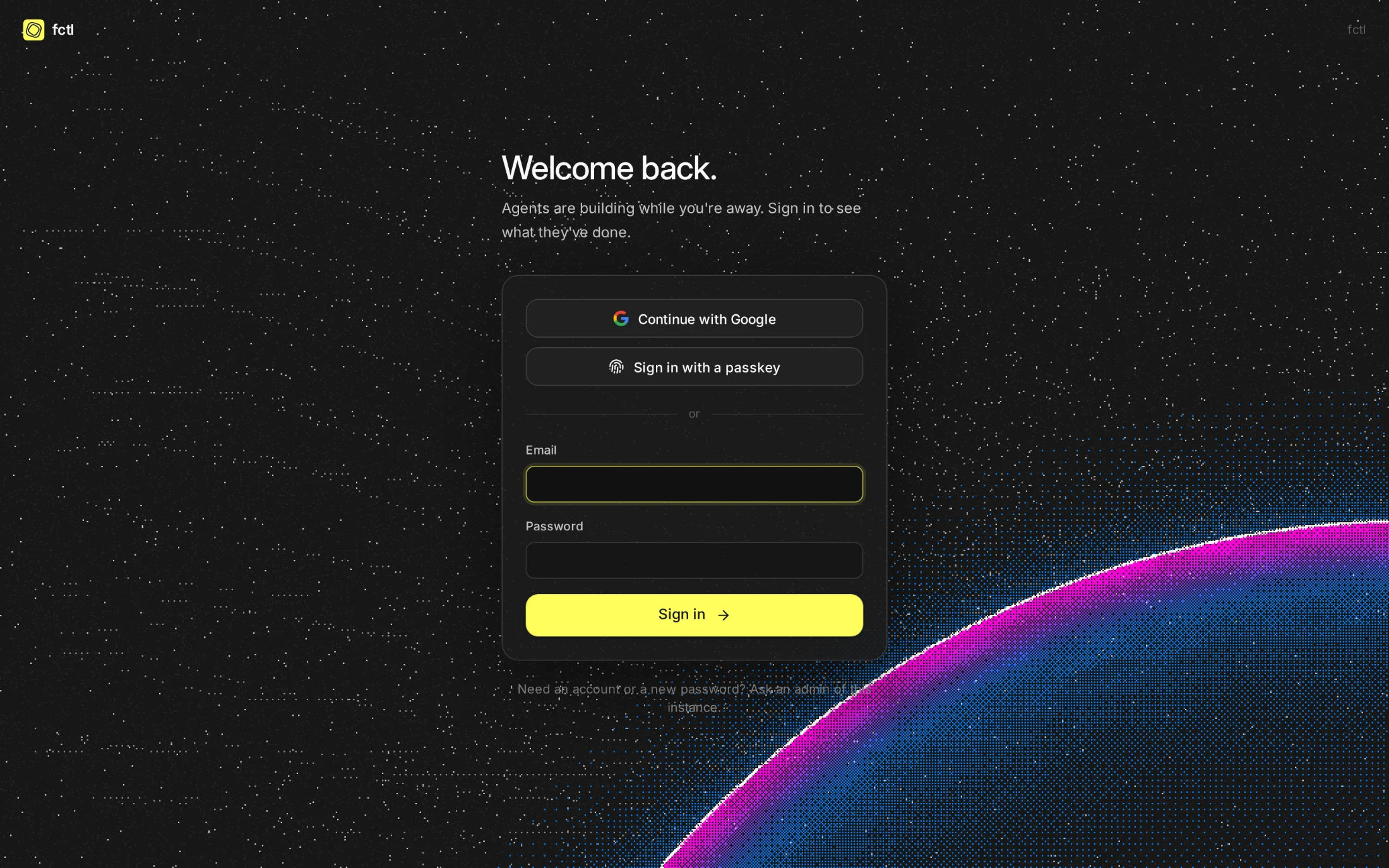 fctl's sign-in page: Welcome back, with Continue with Google and Sign in with a passkey above the email and password.
