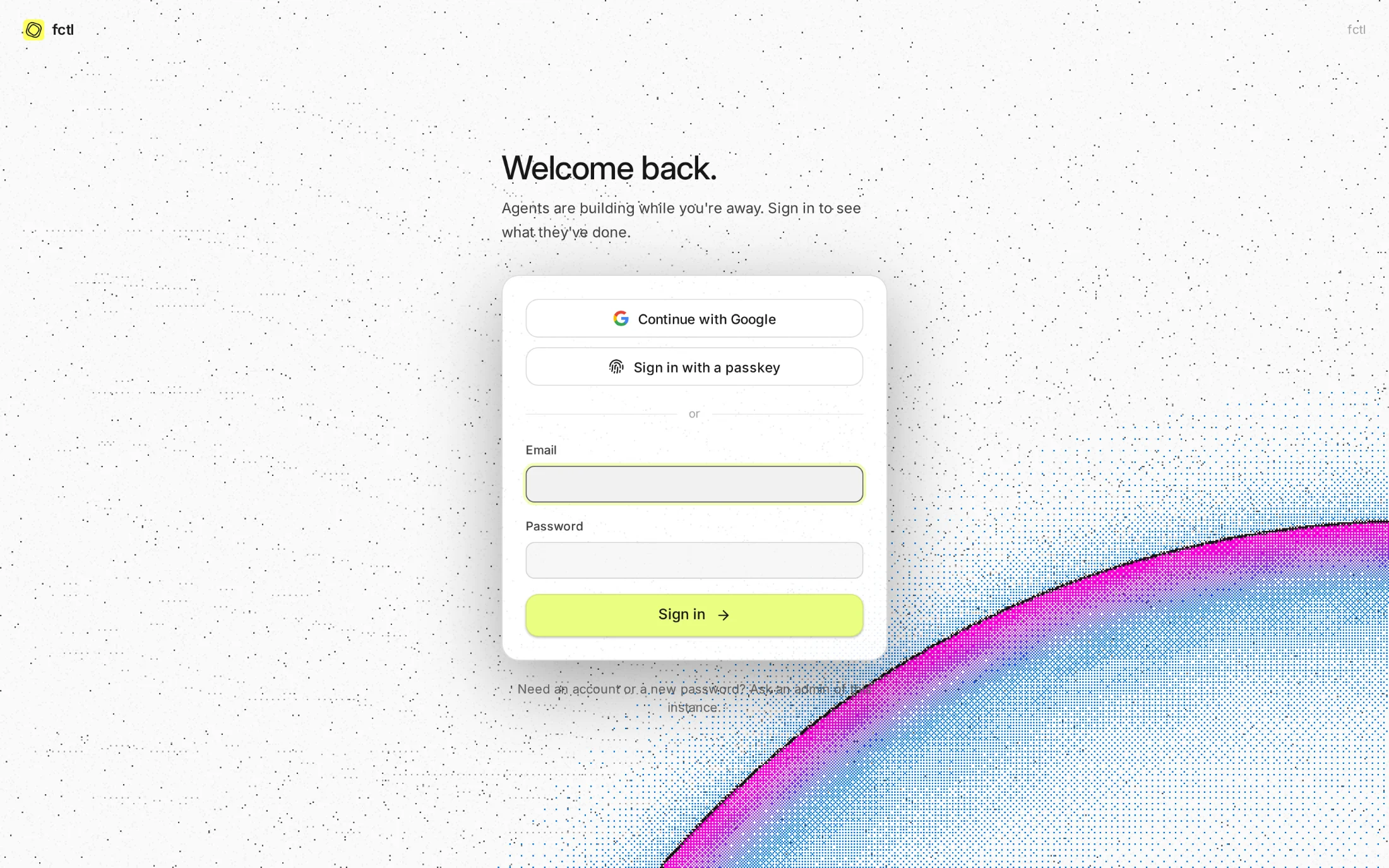 fctl's sign-in page: Welcome back, with Continue with Google and Sign in with a passkey above the email and password.