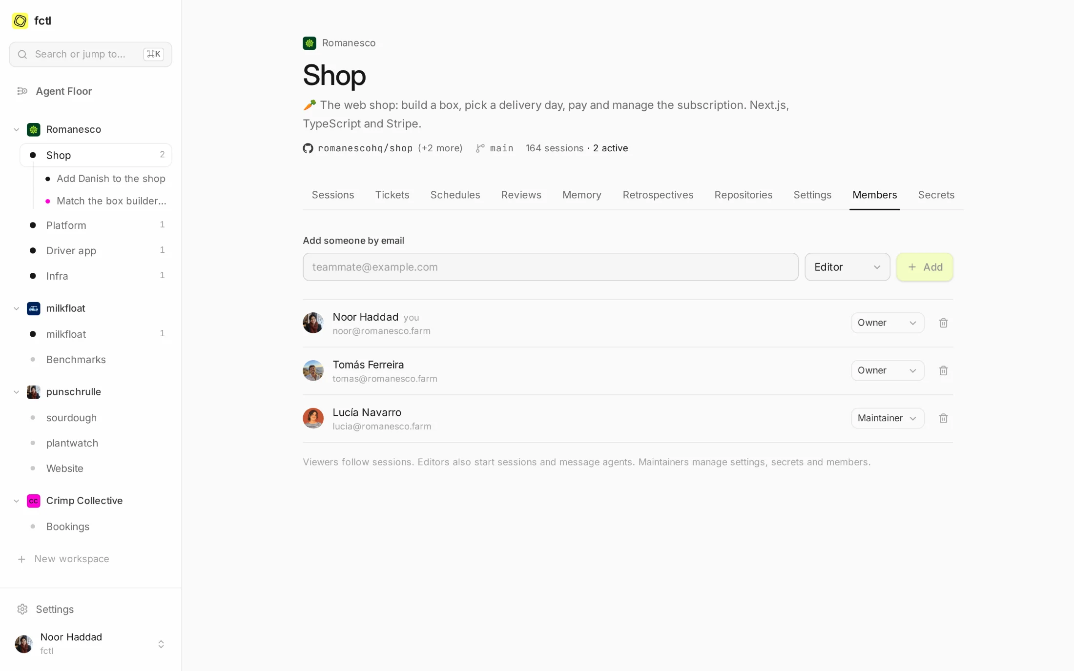 The Shop project's members: Tomás as owner and Lucía as maintainer.
