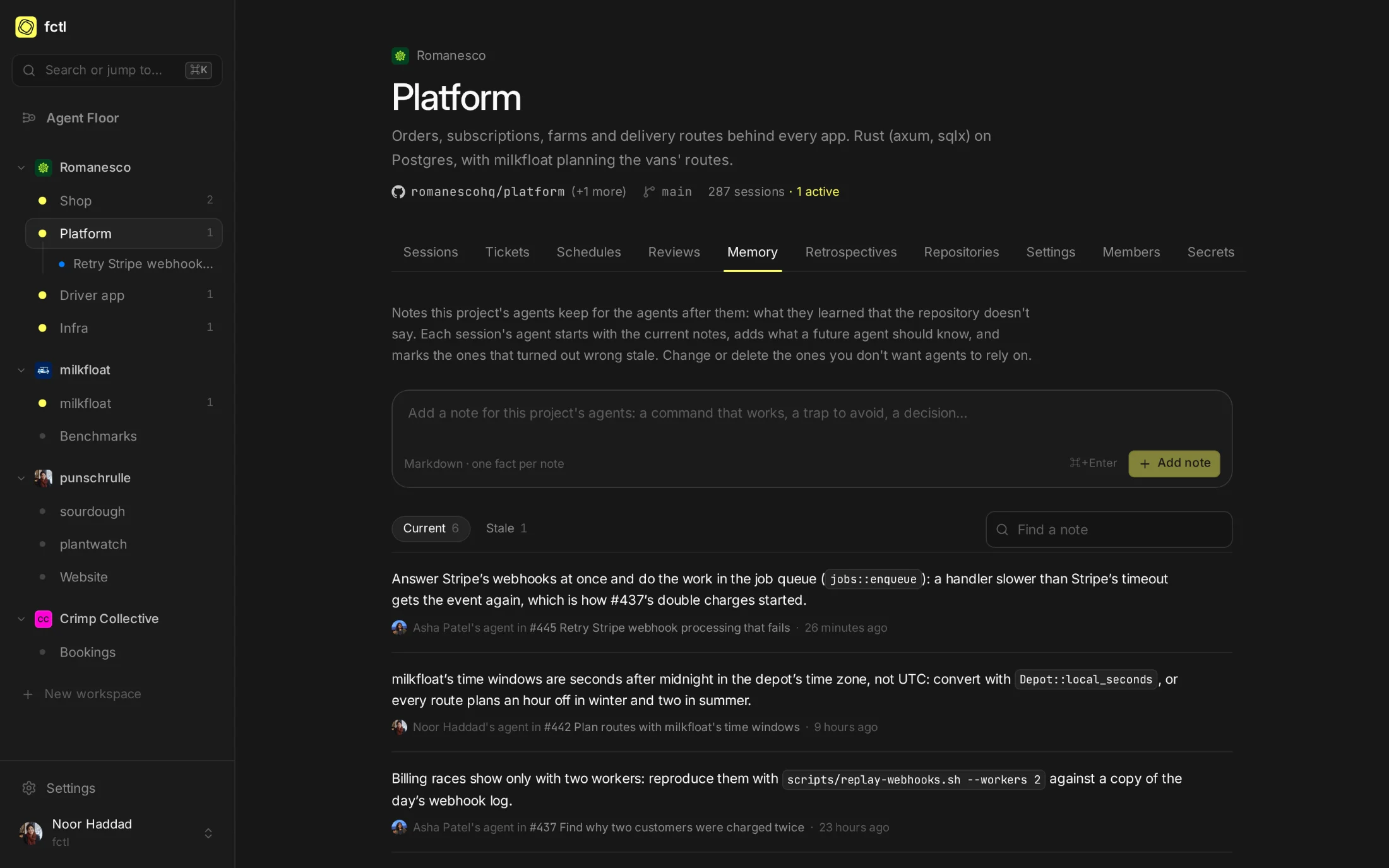 The Platform project's memory: notes from its agents and people, each with the session it came from.