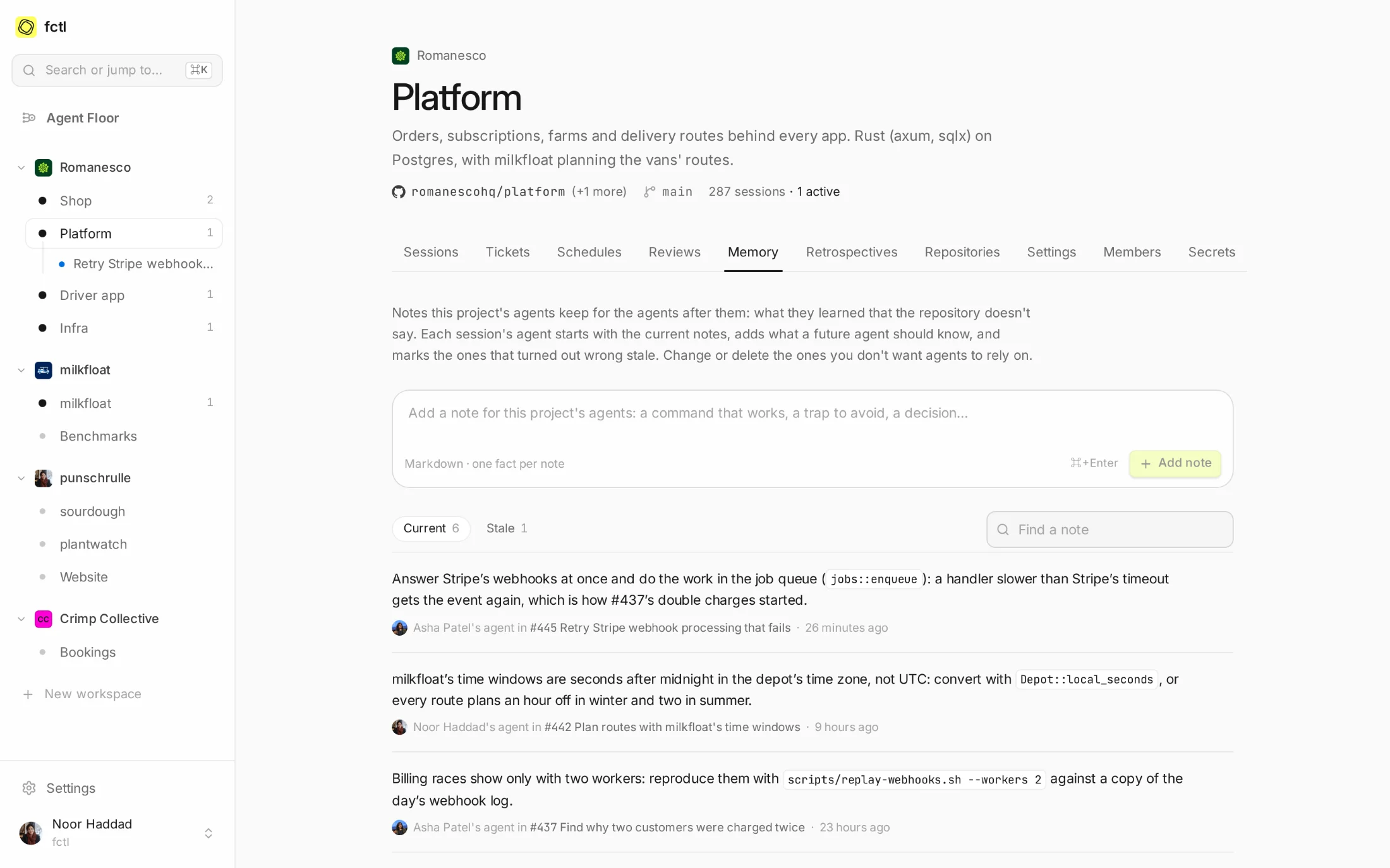 The Platform project's memory: notes from its agents and people, each with the session it came from.