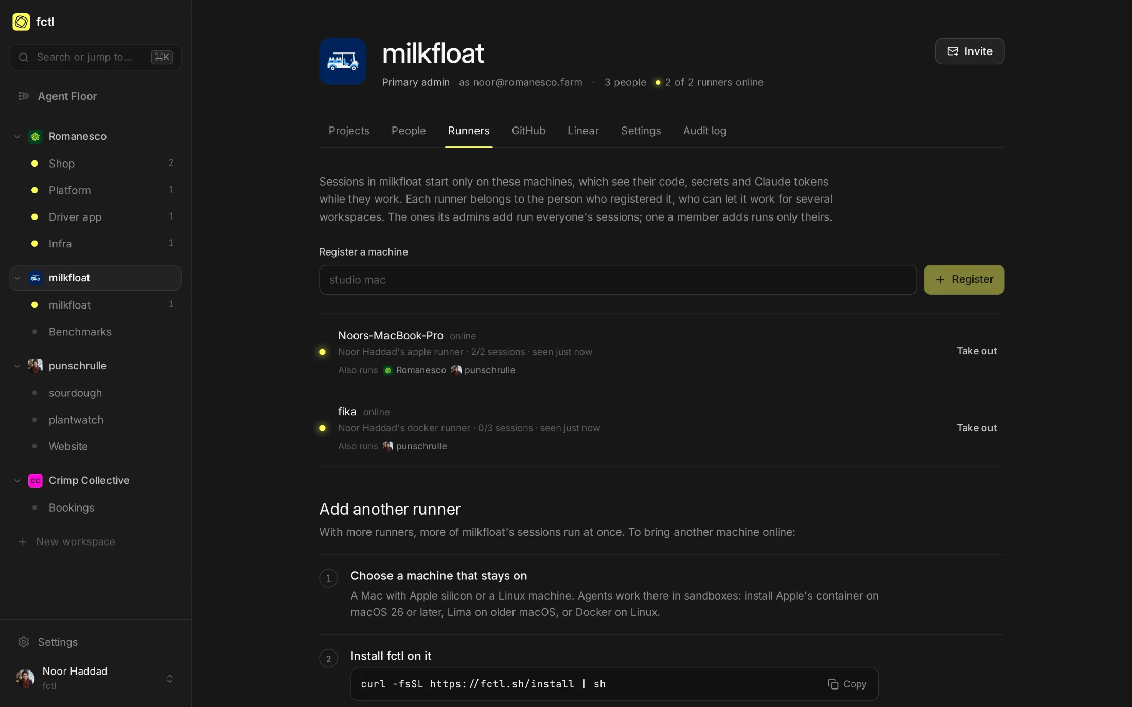 milkfloat's runners: Noor's MacBook, which also runs her Romanesco sessions, and fika, a Linux server of hers.