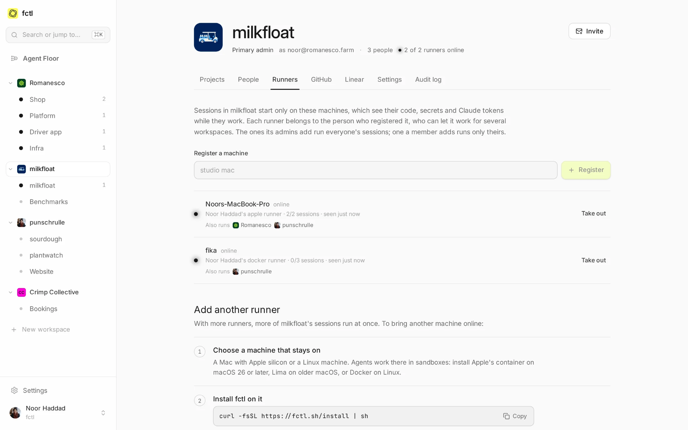 milkfloat's runners: Noor's MacBook, which also runs her Romanesco sessions, and fika, a Linux server of hers.