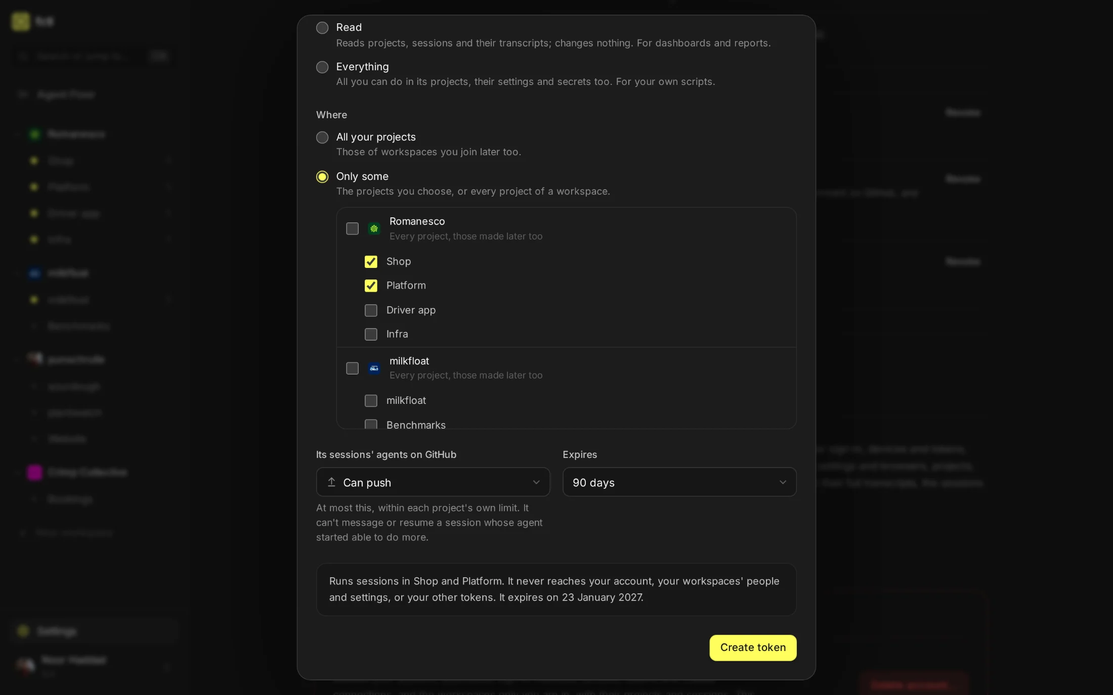 A new access token, Team chat: it runs sessions in Shop and Platform, its agents may push, and it expires in 90 days, said in a sentence under the form.