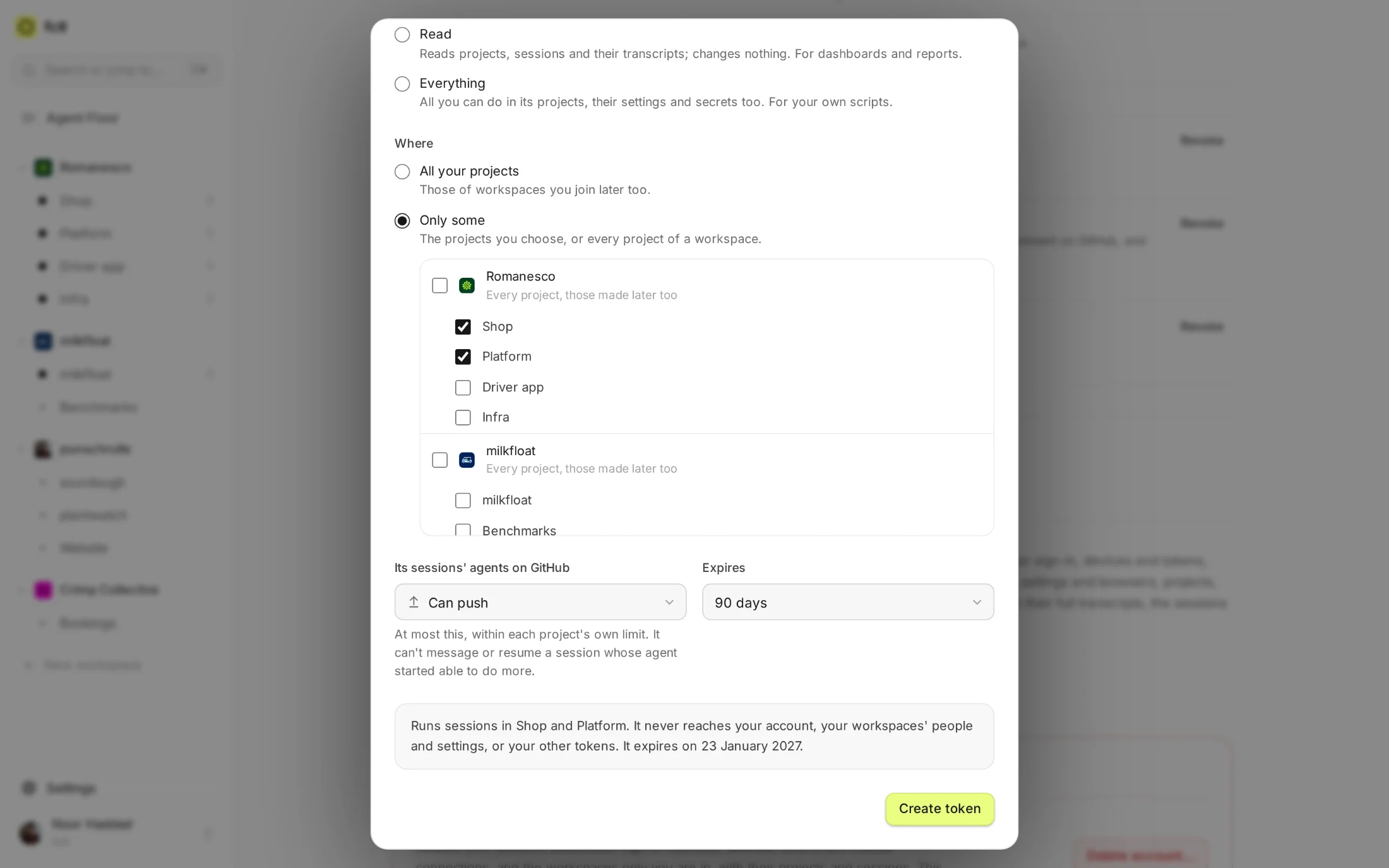 A new access token, Team chat: it runs sessions in Shop and Platform, its agents may push, and it expires in 90 days, said in a sentence under the form.