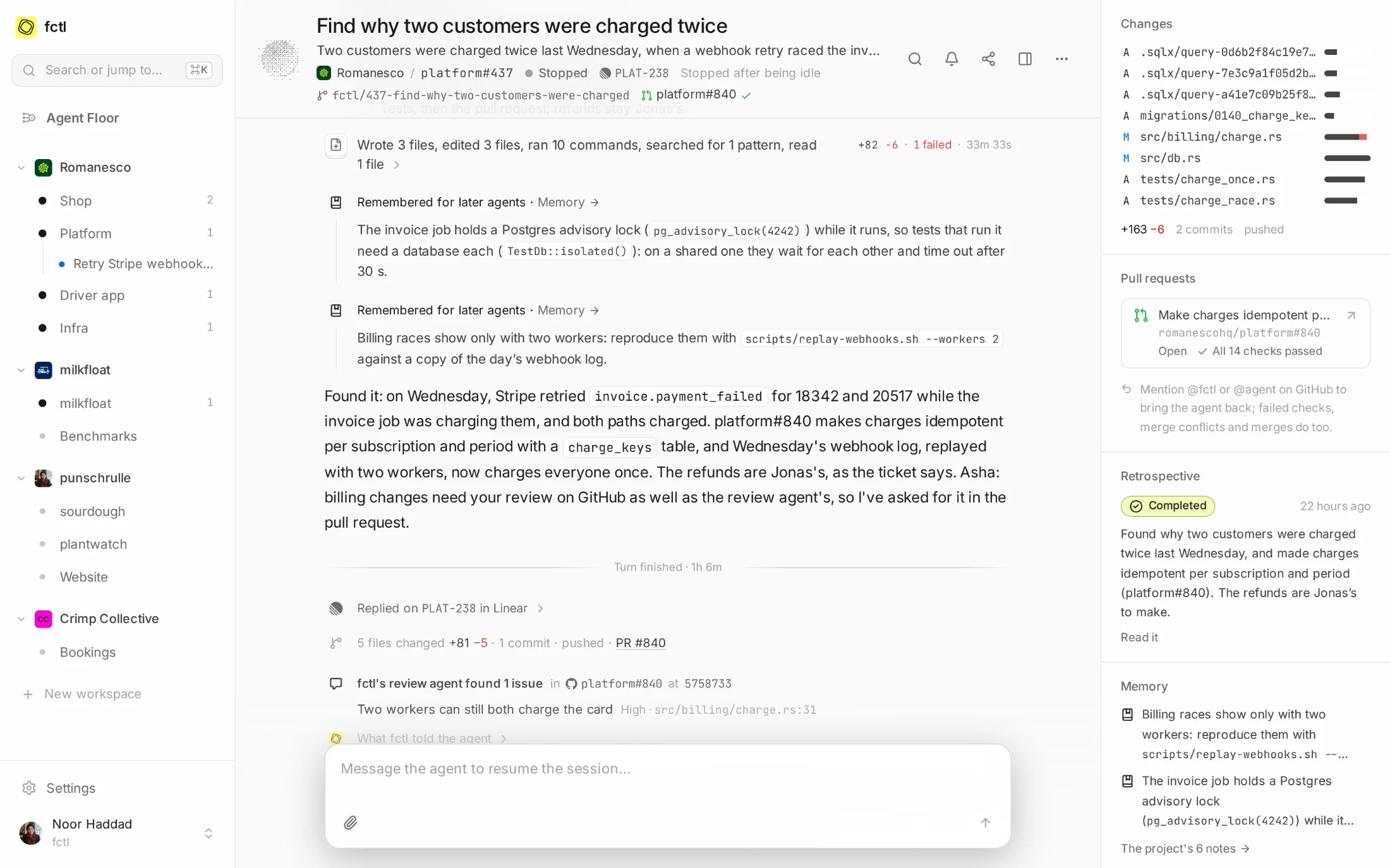platform#437 remembers two things for later agents: the invoice job's advisory lock, and how to reproduce billing races with two workers.