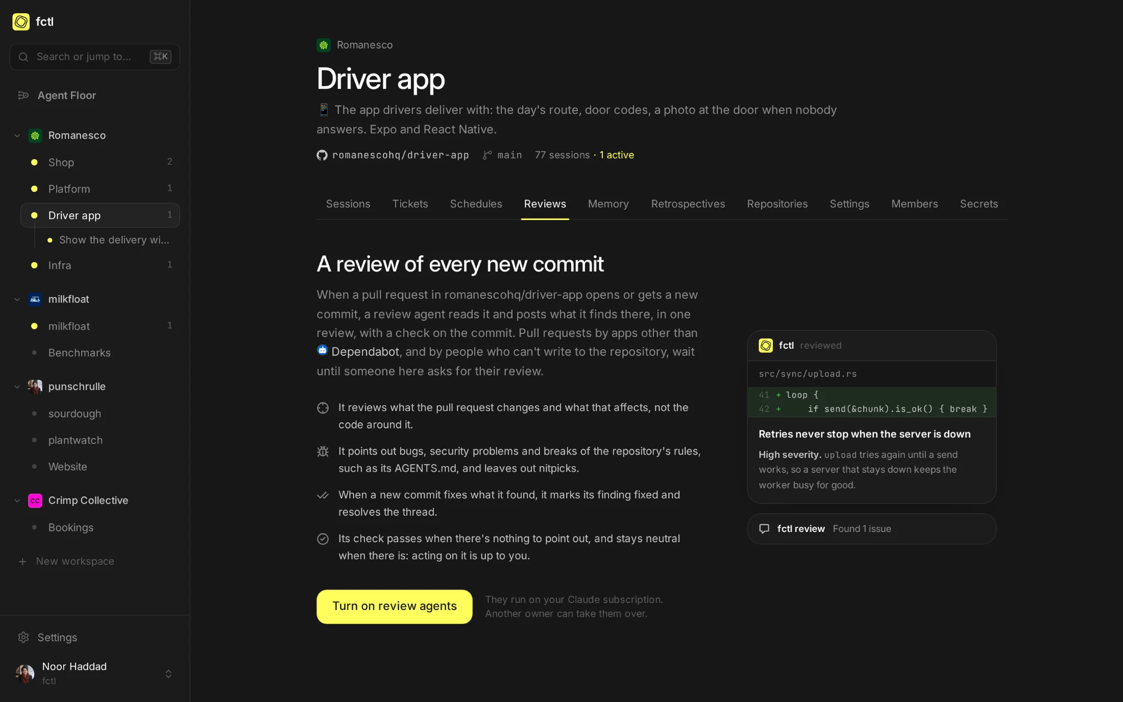 The Driver app's Reviews tab before review agents are on: what they do, and a button that turns them on.