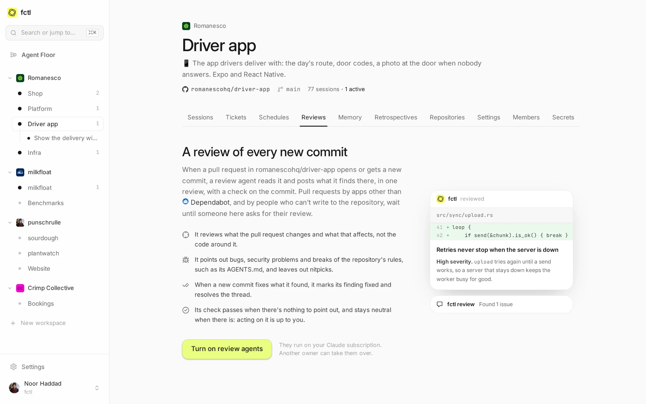 The Driver app's Reviews tab before review agents are on: what they do, and a button that turns them on.