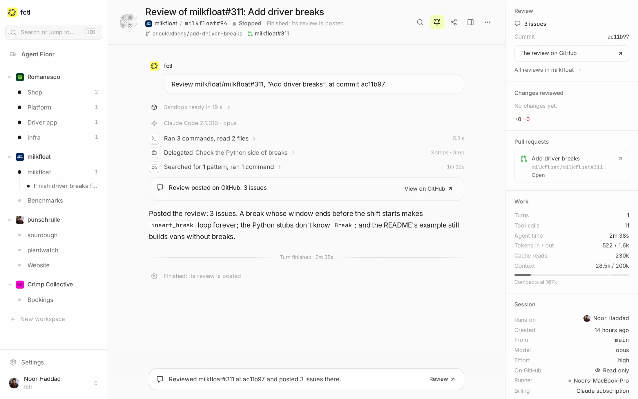 The review of Anouk's pull request, which Noor asked for: three issues, posted on GitHub.