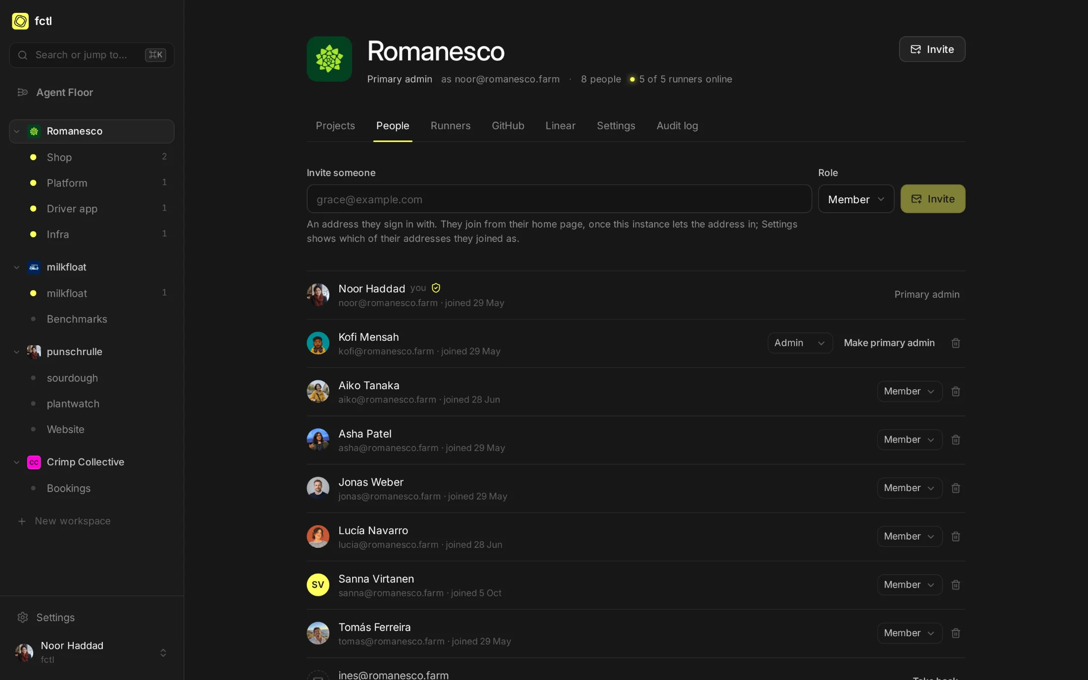 Romanesco's people: Noor as primary admin, Kofi as admin, the rest of the team as members, and an invitation for ines@romanesco.farm.