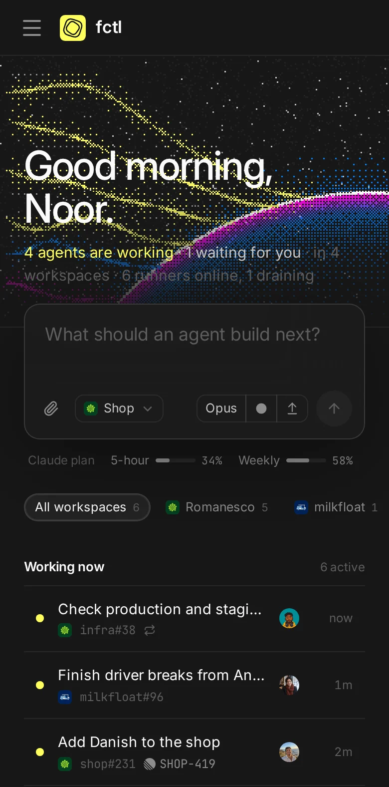 The Agent Floor on a phone at 09:10: four agents working and one waiting.