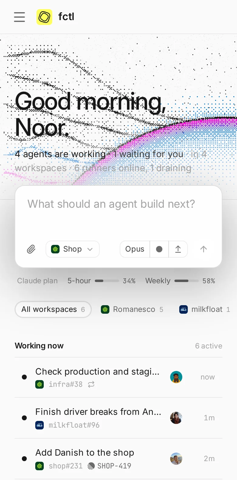 The Agent Floor on a phone at 09:10: four agents working and one waiting.