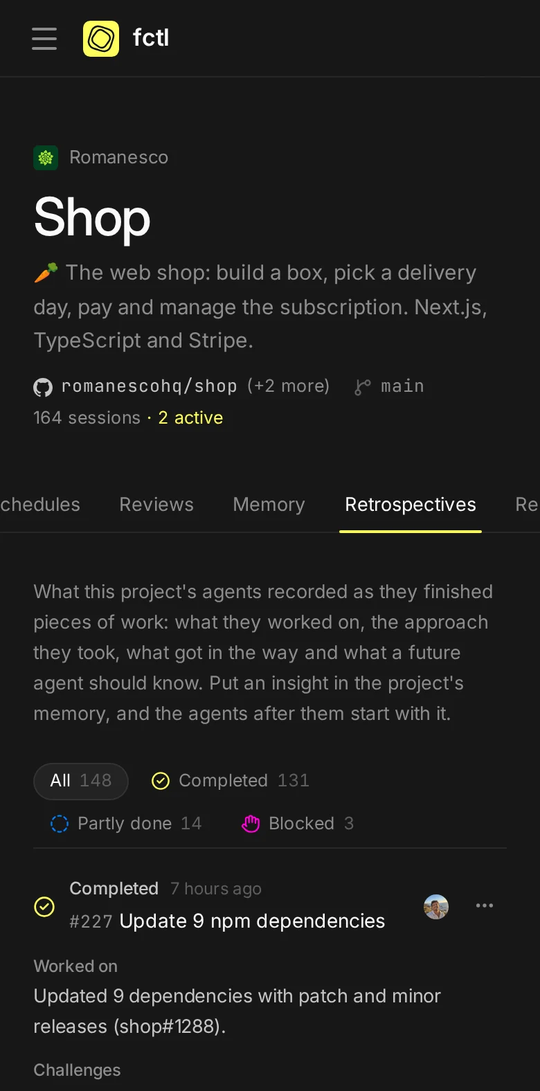 The Shop project's retrospectives on a phone.
