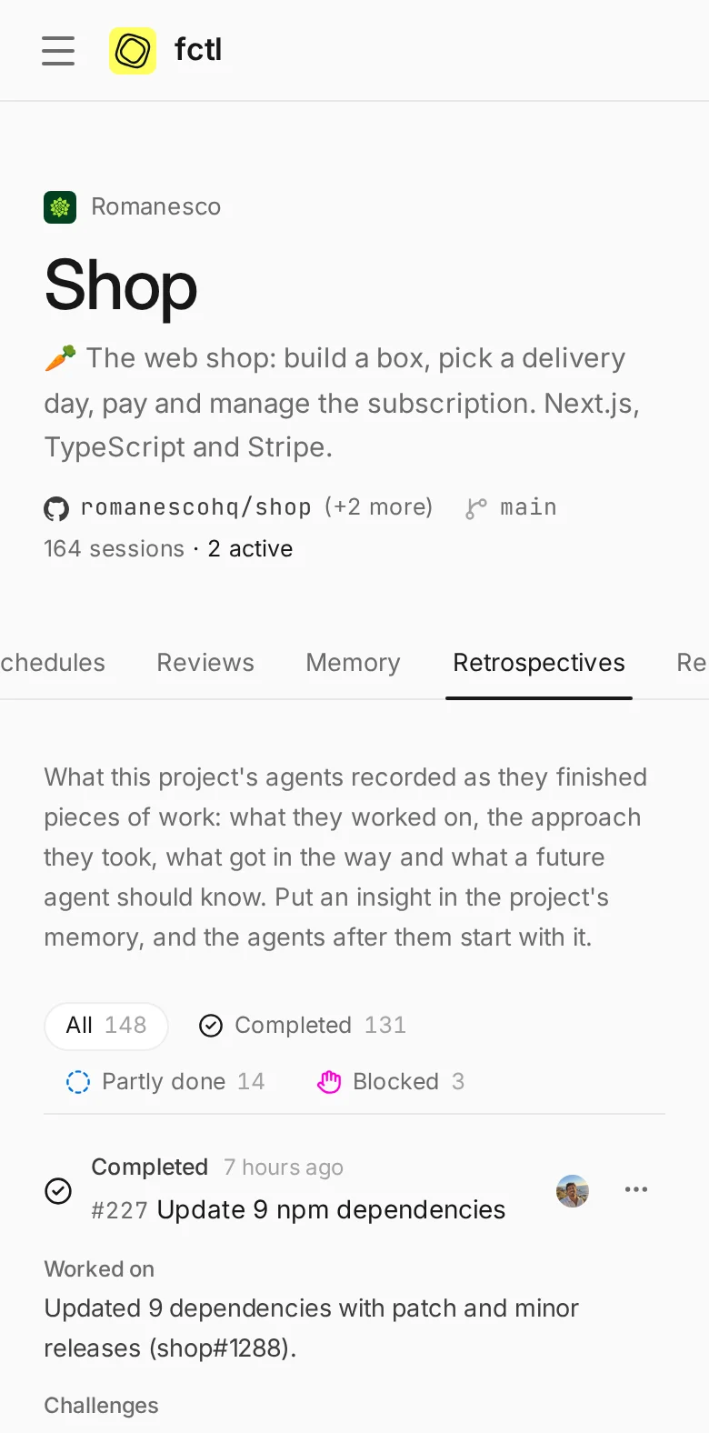 The Shop project's retrospectives on a phone.