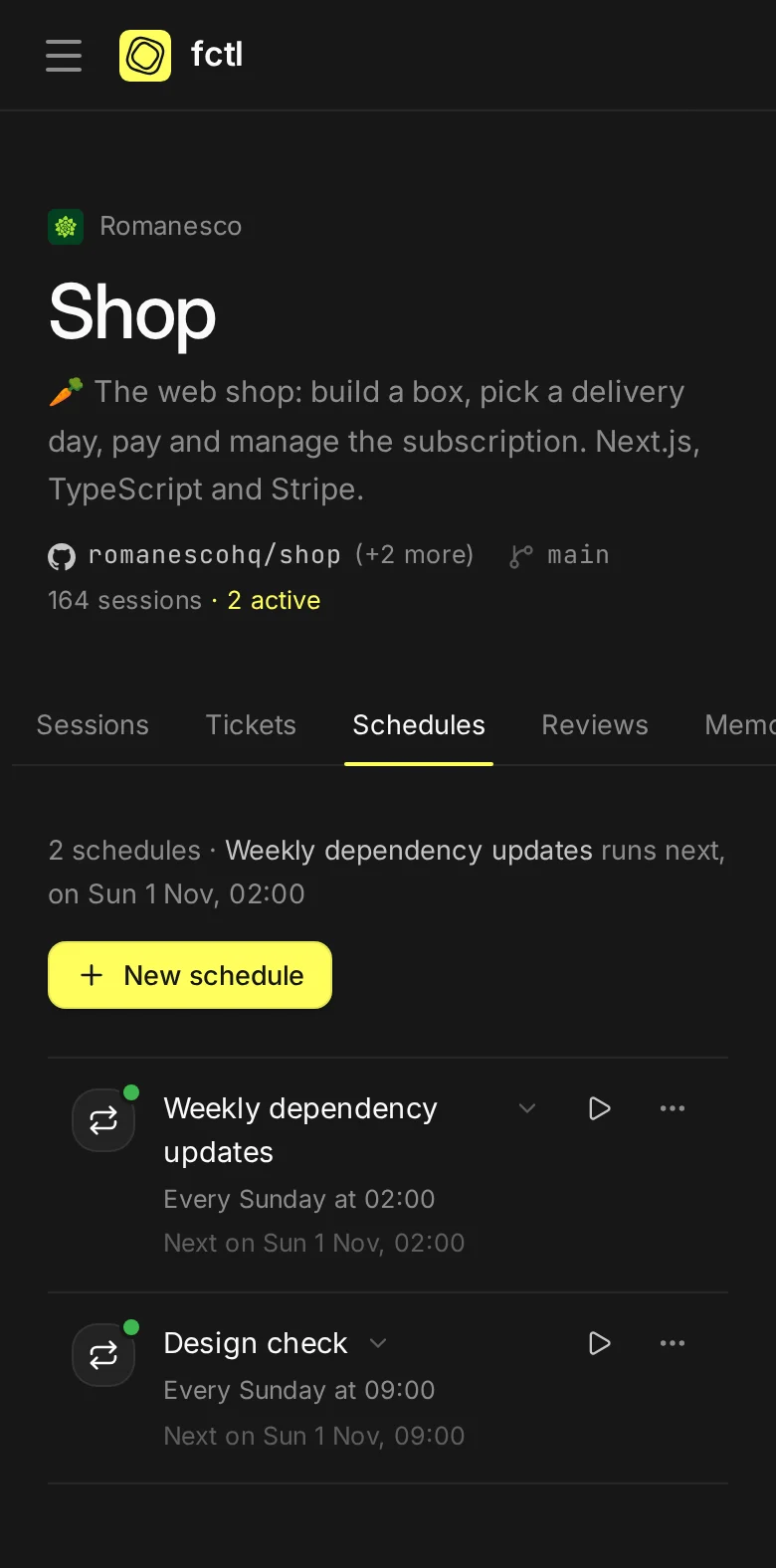 The Shop project's schedules on a phone.
