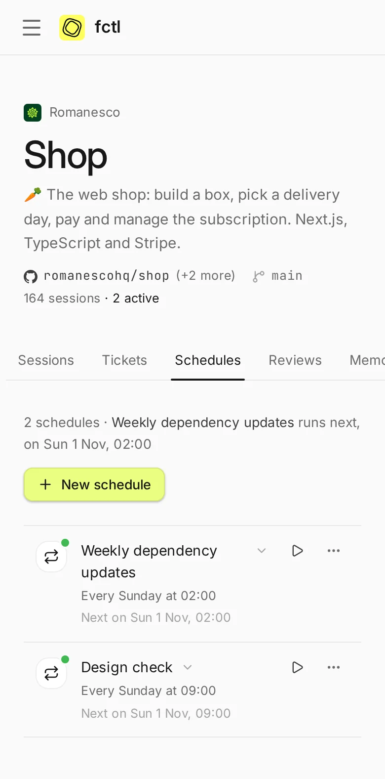 The Shop project's schedules on a phone.