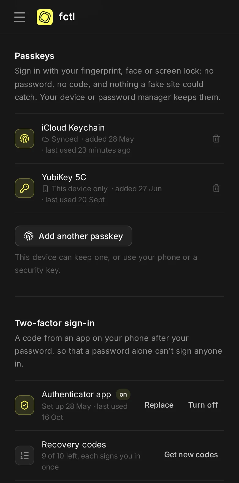 Noor's passkeys and two-factor sign-in on a phone.