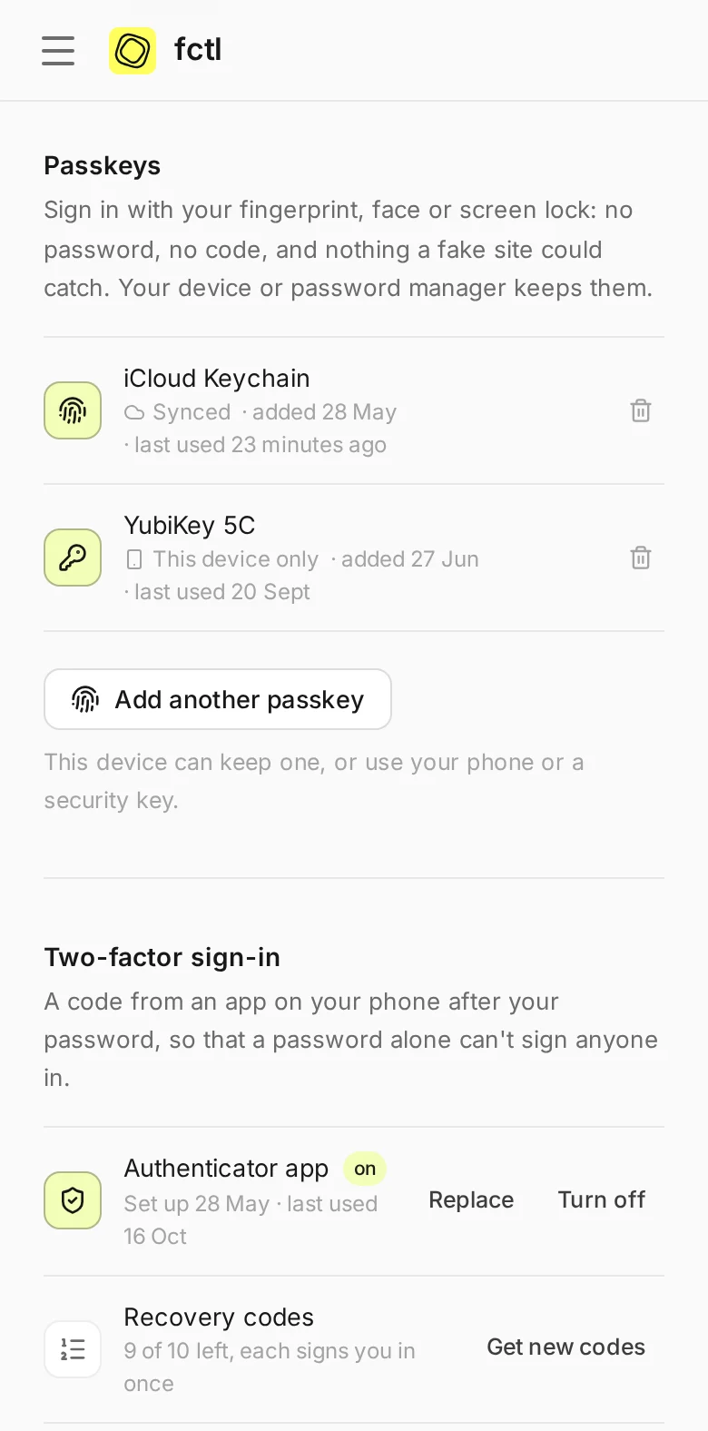 Noor's passkeys and two-factor sign-in on a phone.