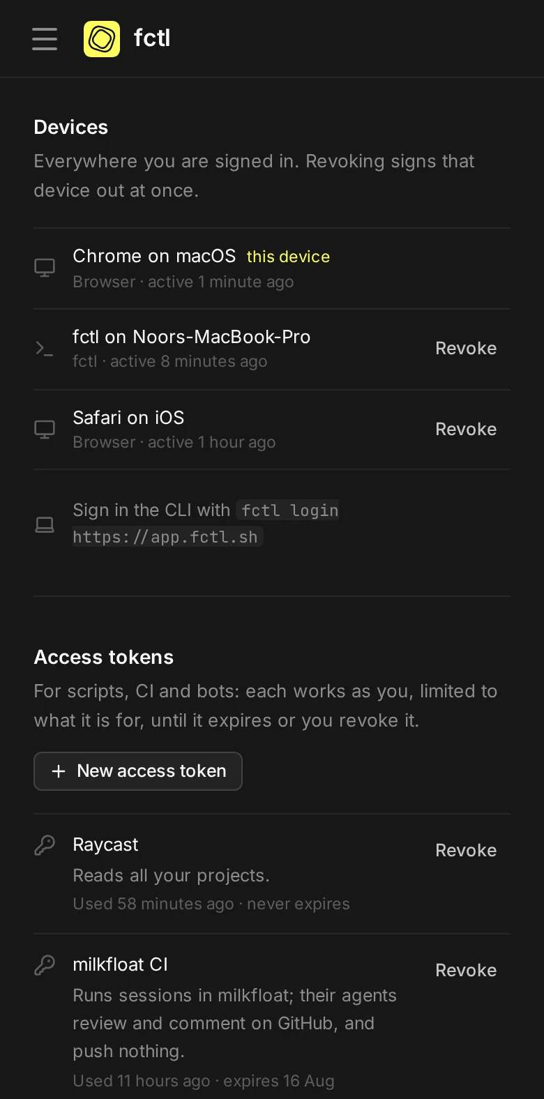 Noor's devices and access tokens on a phone.