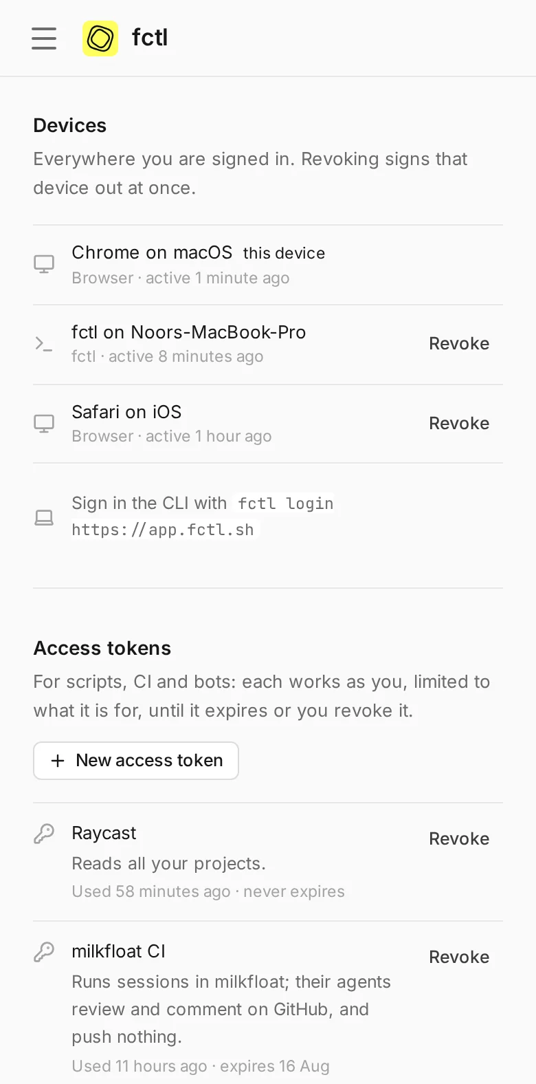 Noor's devices and access tokens on a phone.