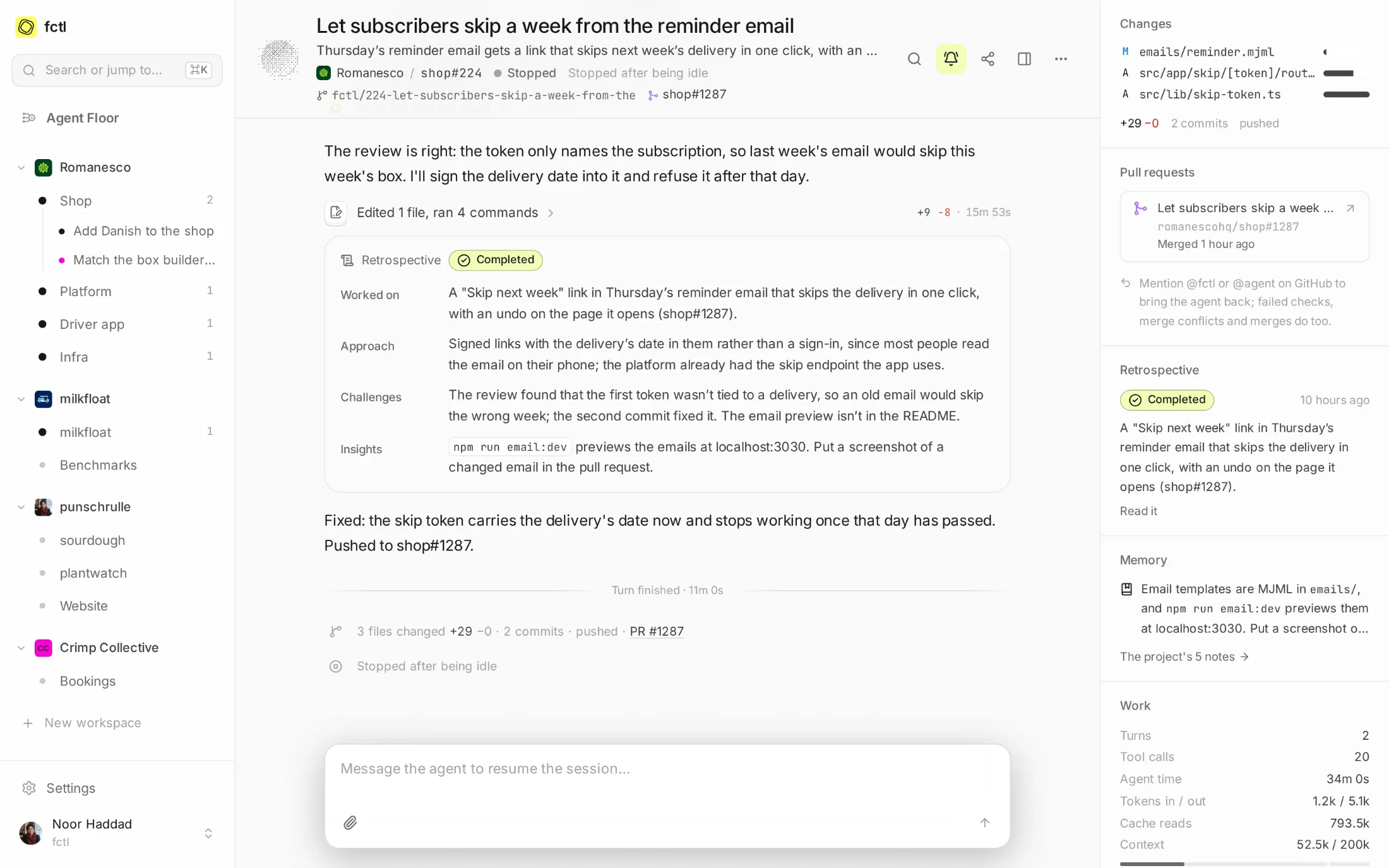 shop#224's retrospective: completed, what it worked on, its approach, the review's finding that got in the way, and an insight about the email previews.