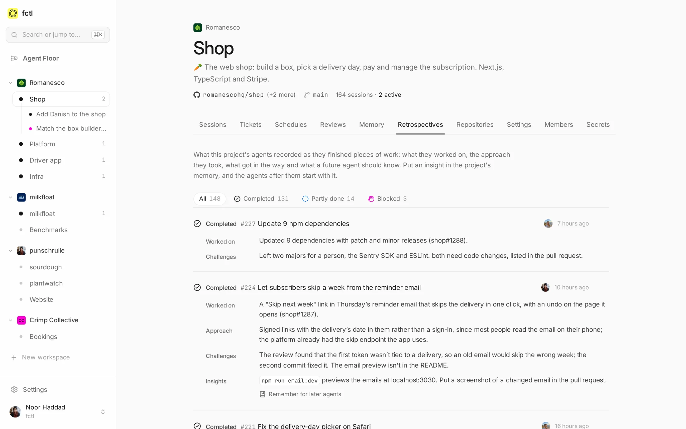 The Shop project's retrospectives: 131 completed, 14 partly done and 3 blocked, newest first, each with what it worked on and what got in the way.