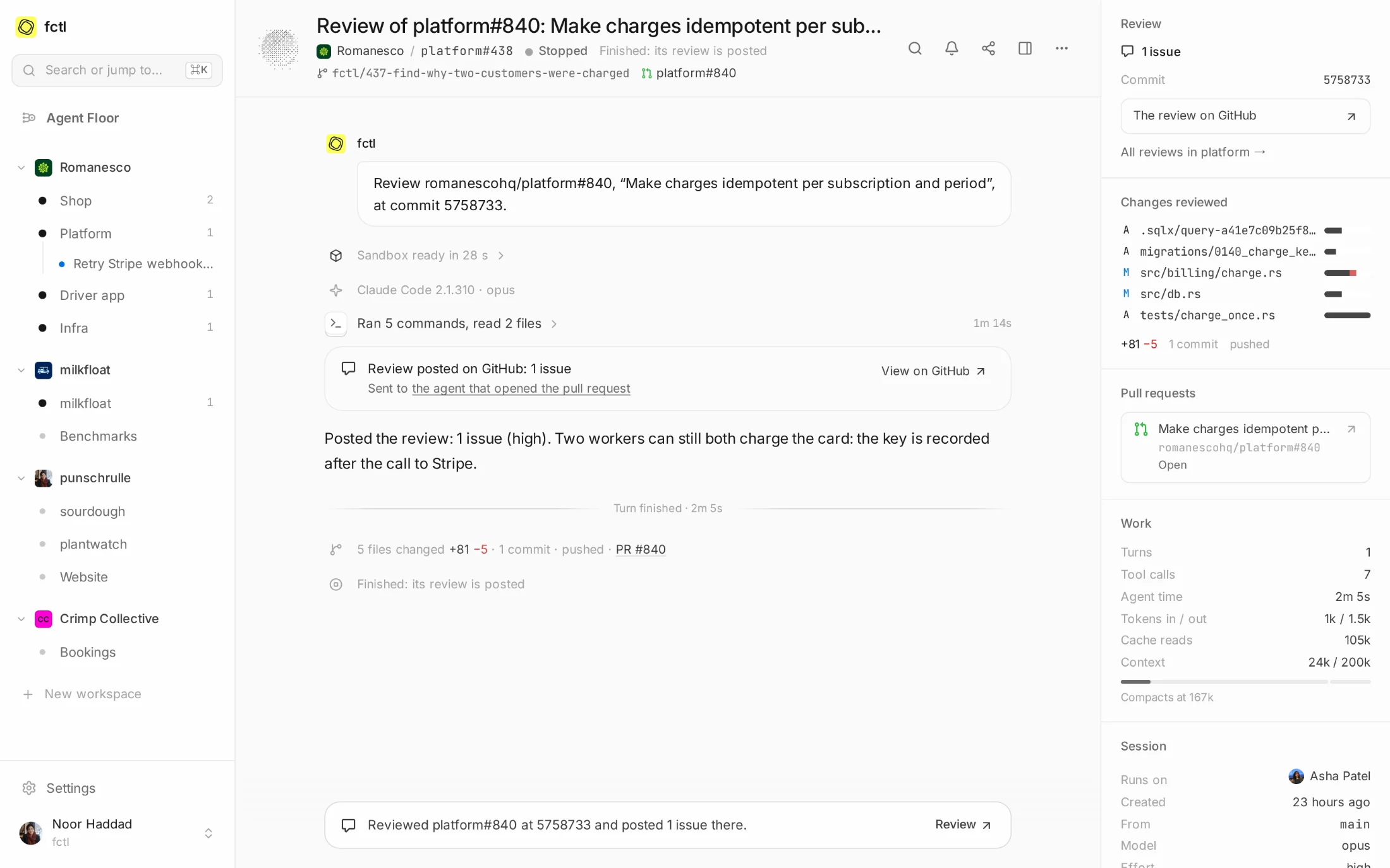 The review of platform#840: it found one high-severity issue, posted it on GitHub, and sent it to the agent that opened the pull request.