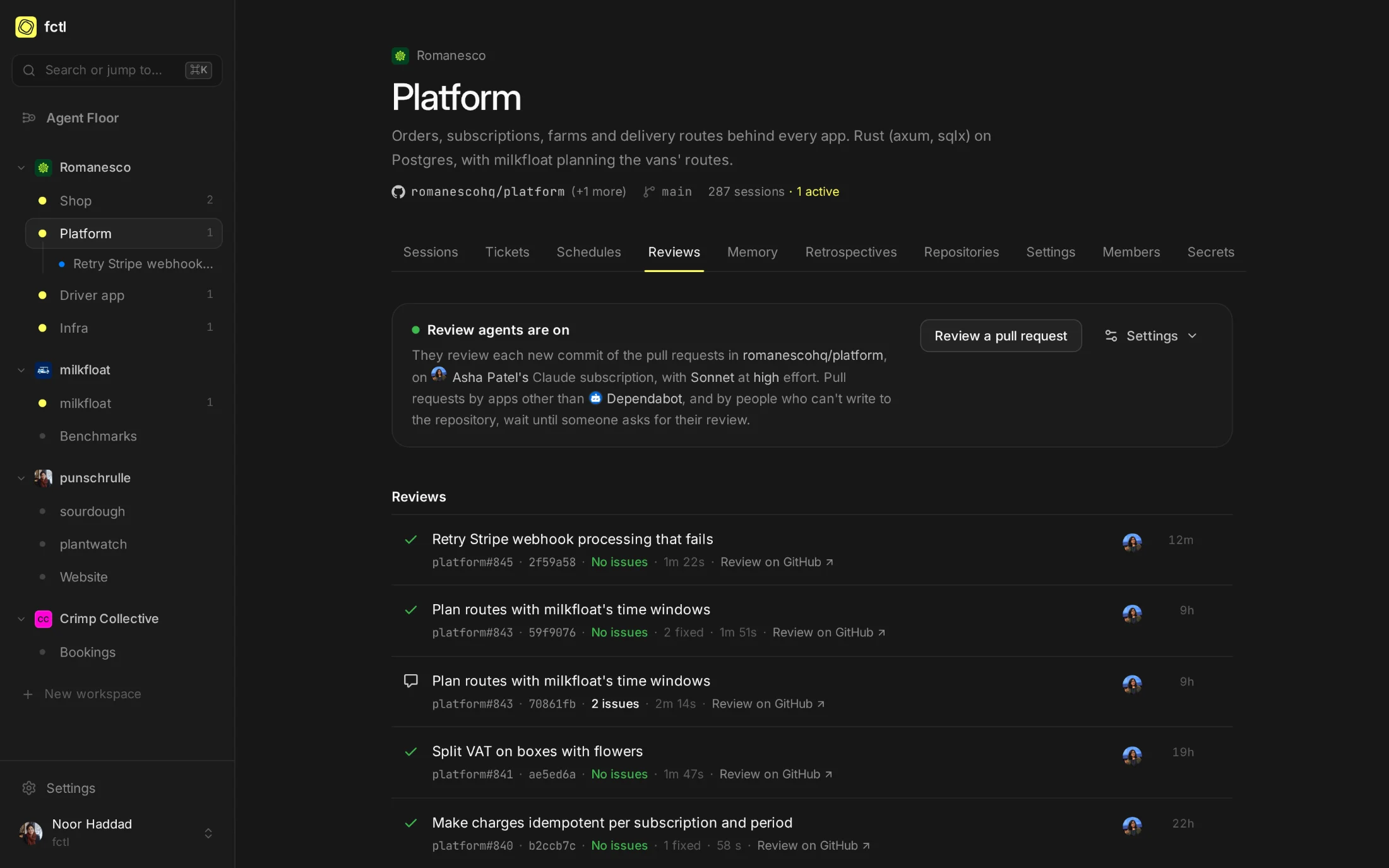 The Platform project's reviews: review agents on, on Asha's Claude subscription, and every review of the last days with its pull request, commit and outcome.