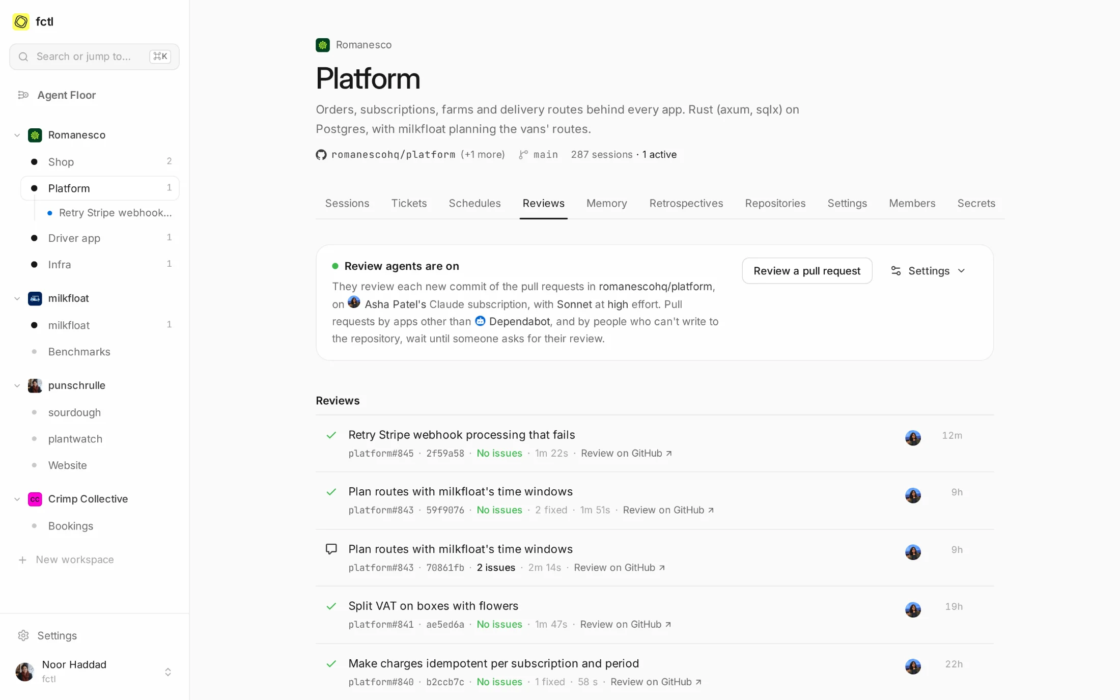 The Platform project's reviews: review agents on, on Asha's Claude subscription, and every review of the last days with its pull request, commit and outcome.