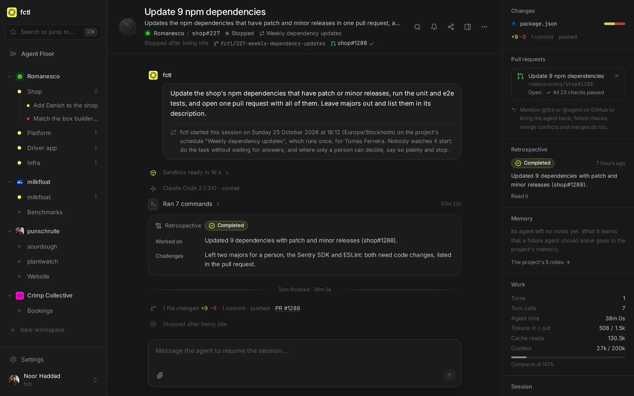 shop#227, Update 9 npm dependencies: started by the Weekly dependency updates schedule, with its task, fctl's note and the pull request it opened.