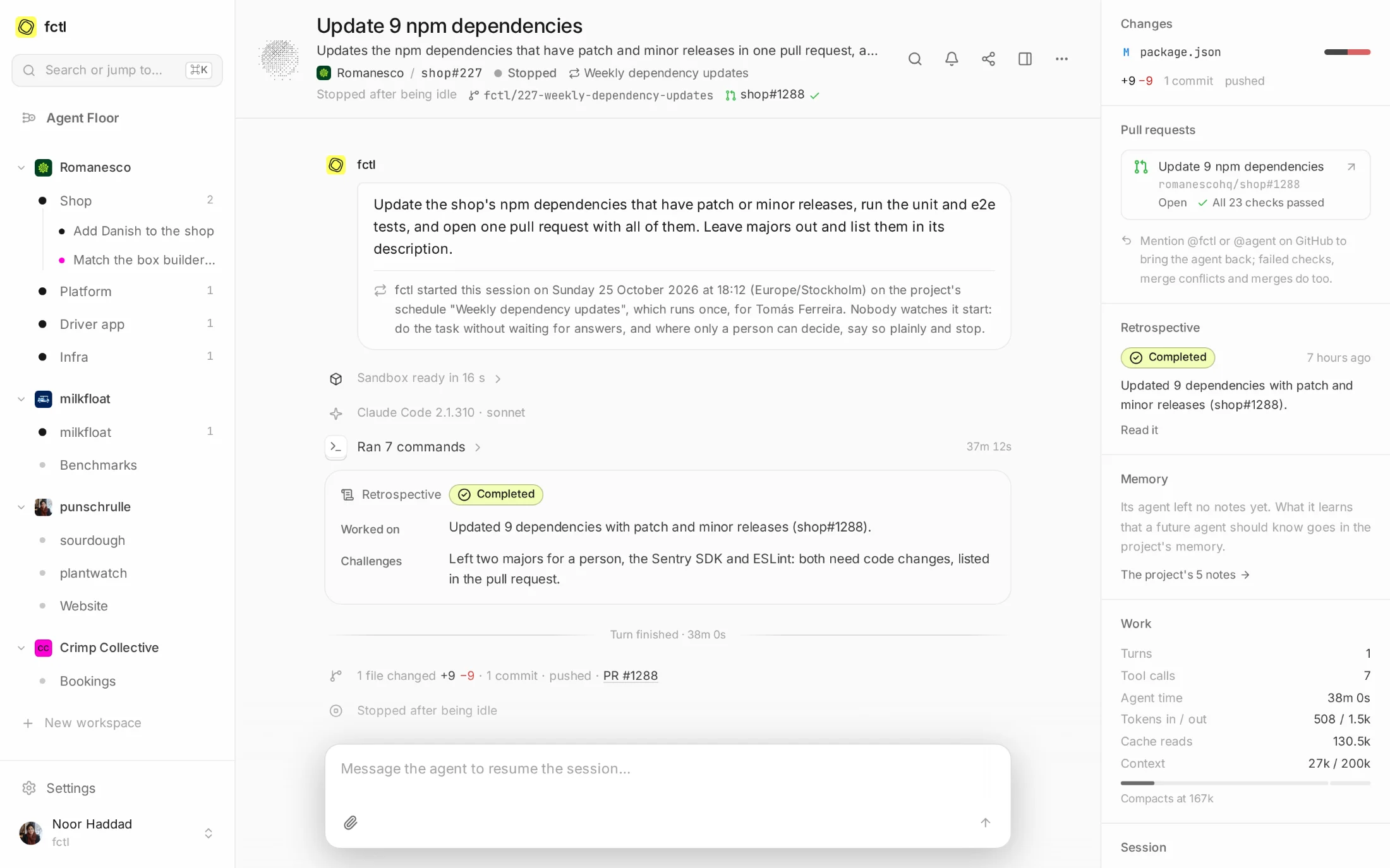 shop#227, Update 9 npm dependencies: started by the Weekly dependency updates schedule, with its task, fctl's note and the pull request it opened.