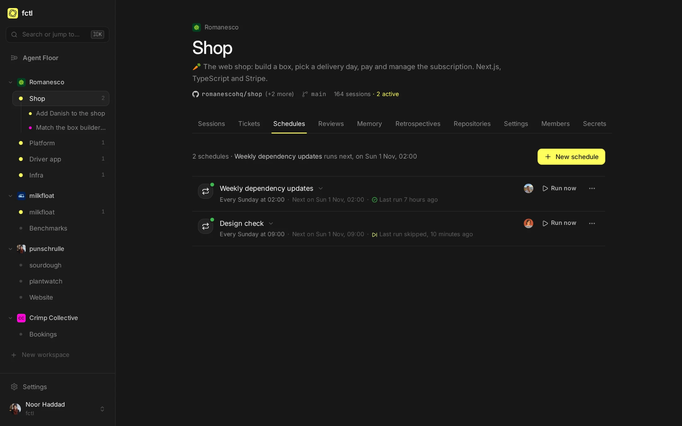 The Shop project's schedules: weekly dependency updates at 02:00 and a weekly design check at 09:00, each with when it runs next and how its last run went.