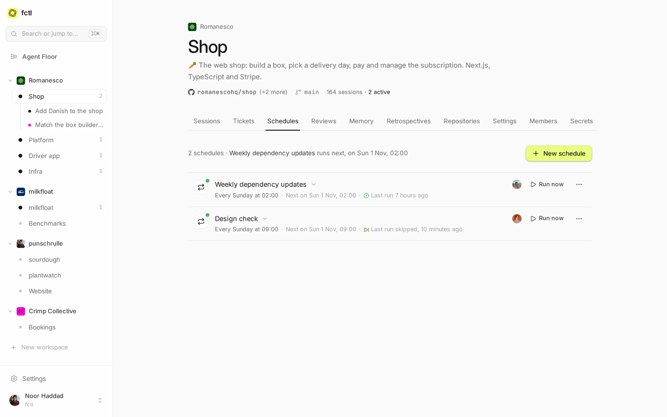 The Shop project's schedules: weekly dependency updates at 02:00 and a weekly design check at 09:00, each with when it runs next and how its last run went.