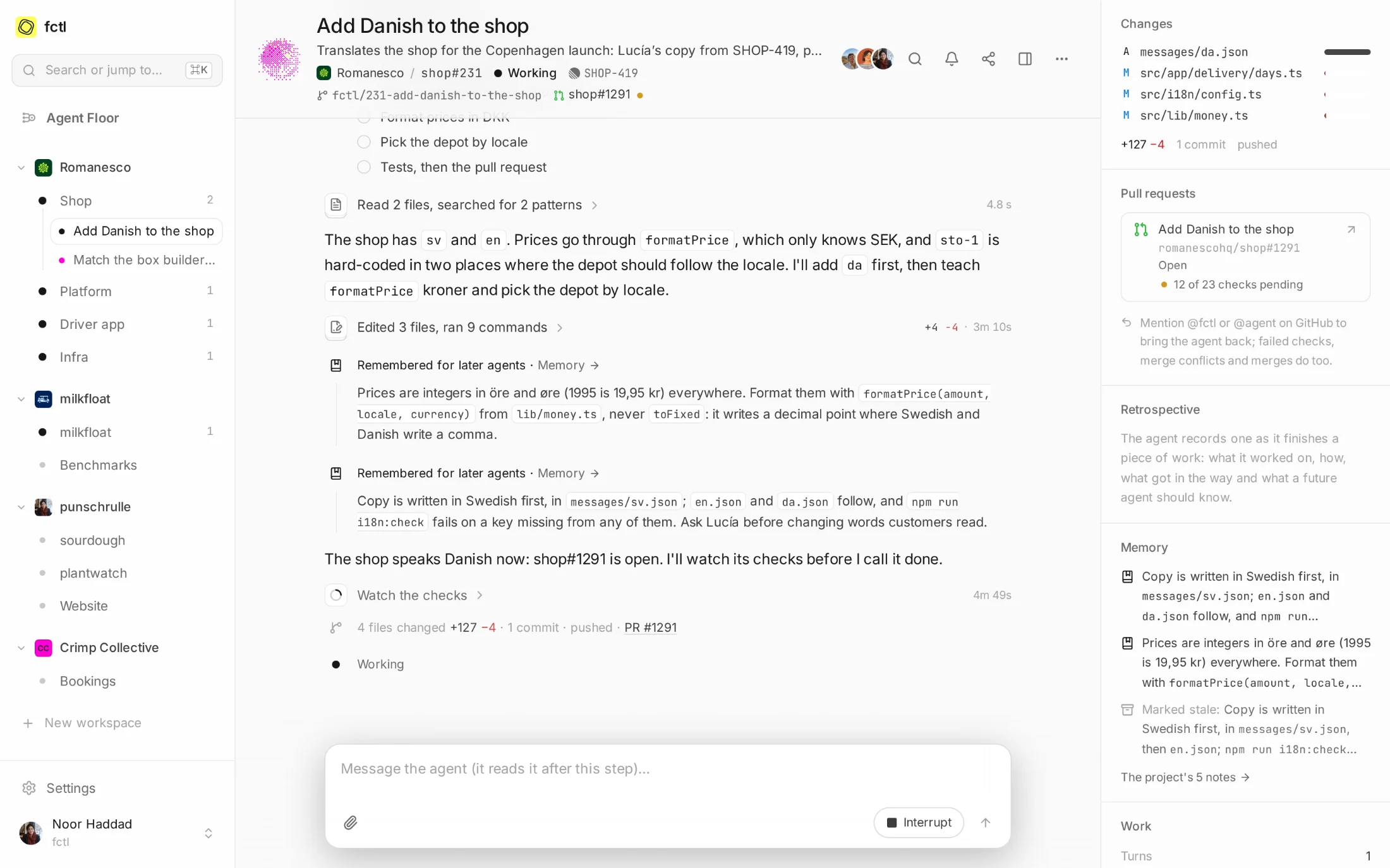 shop#231, “Add Danish to the shop”, at work: its memory notes, the pull request it opened with 12 of 23 checks still running, and Tomás and Lucía watching.