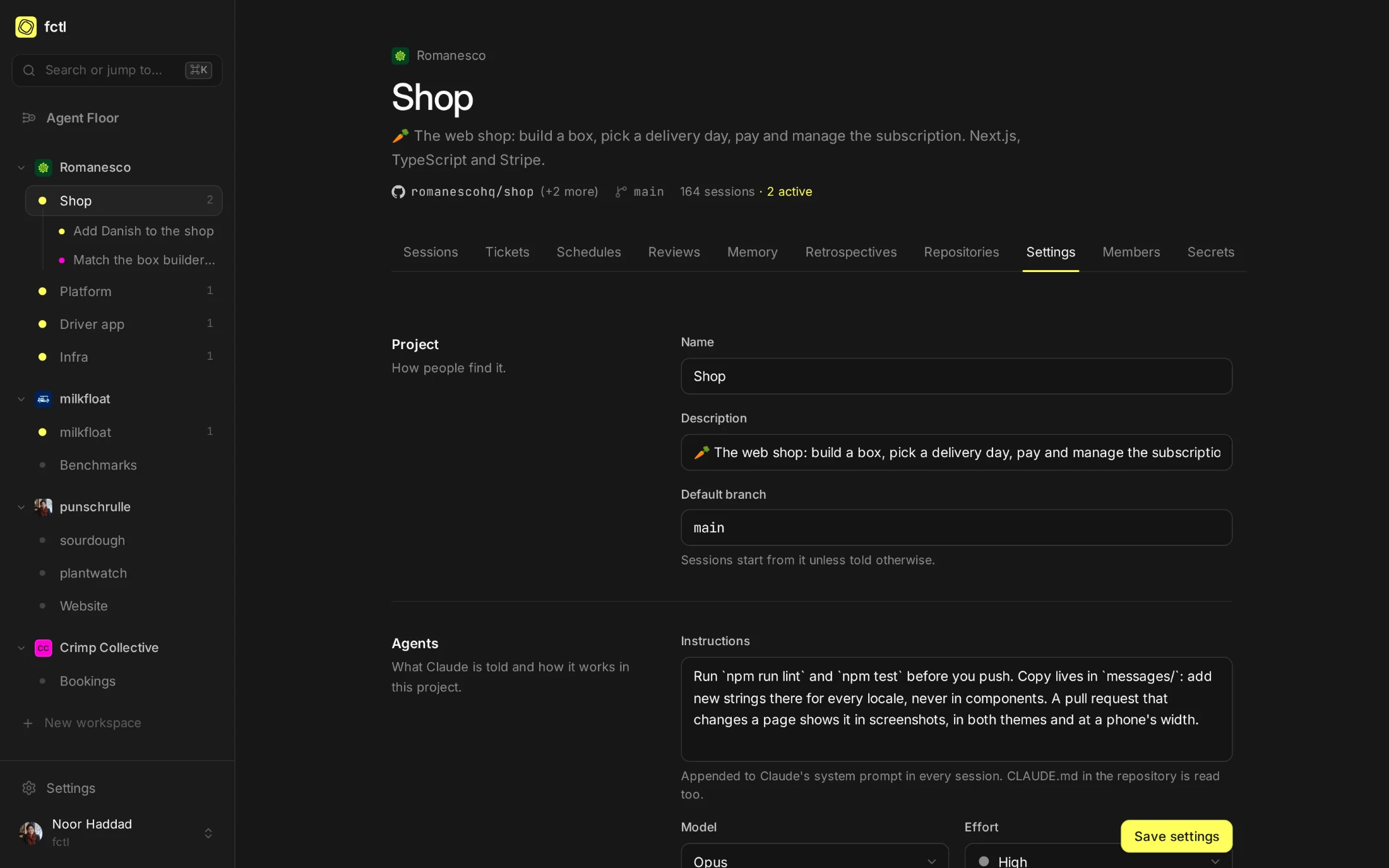 The Shop project's settings: its name and description, its default branch, and the instructions and model its agents start with.