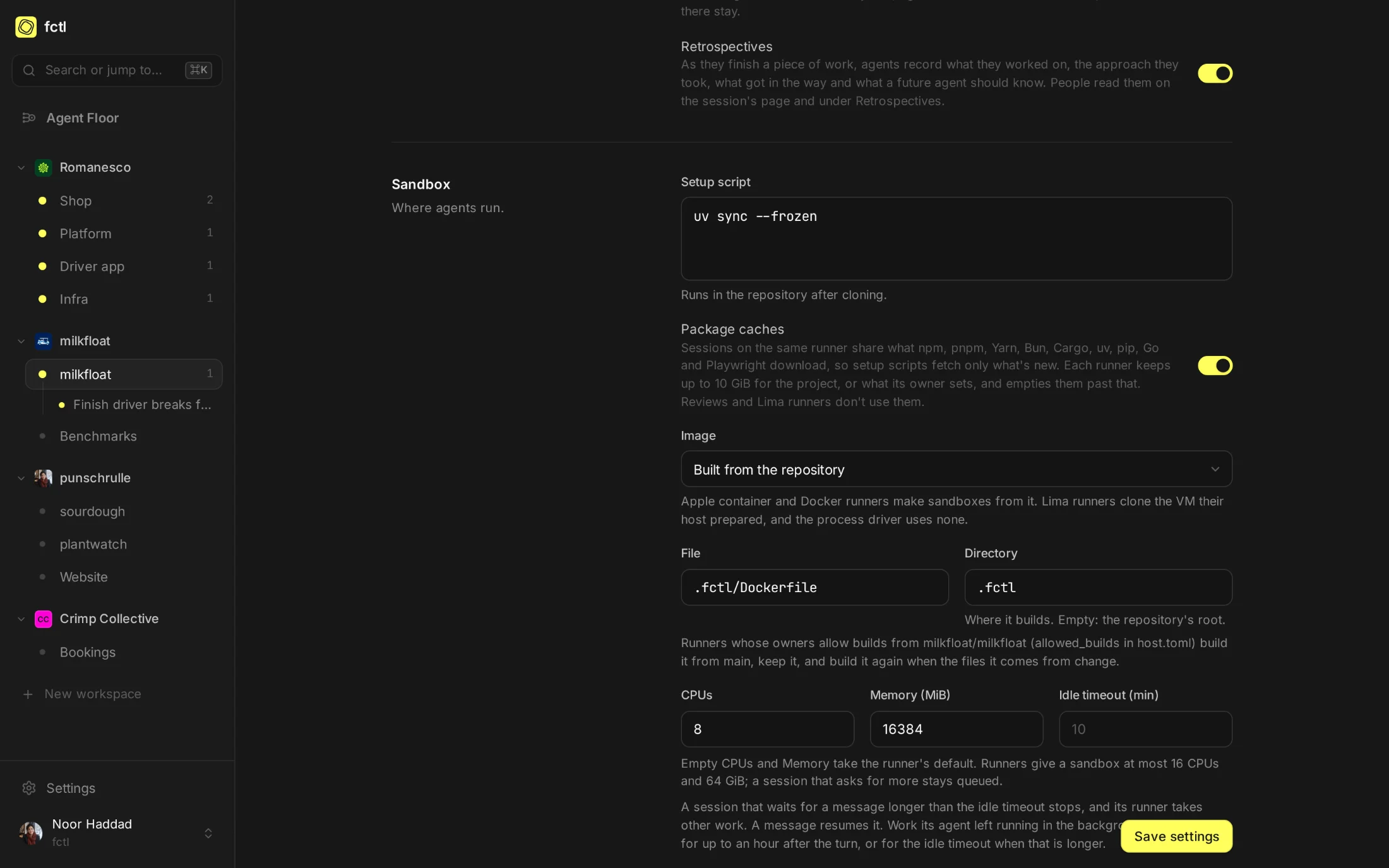 milkfloat's sandbox settings: uv sync as its setup script, package caches on, built from .fctl/Dockerfile, and 8 CPUs and 16 GB for each sandbox.