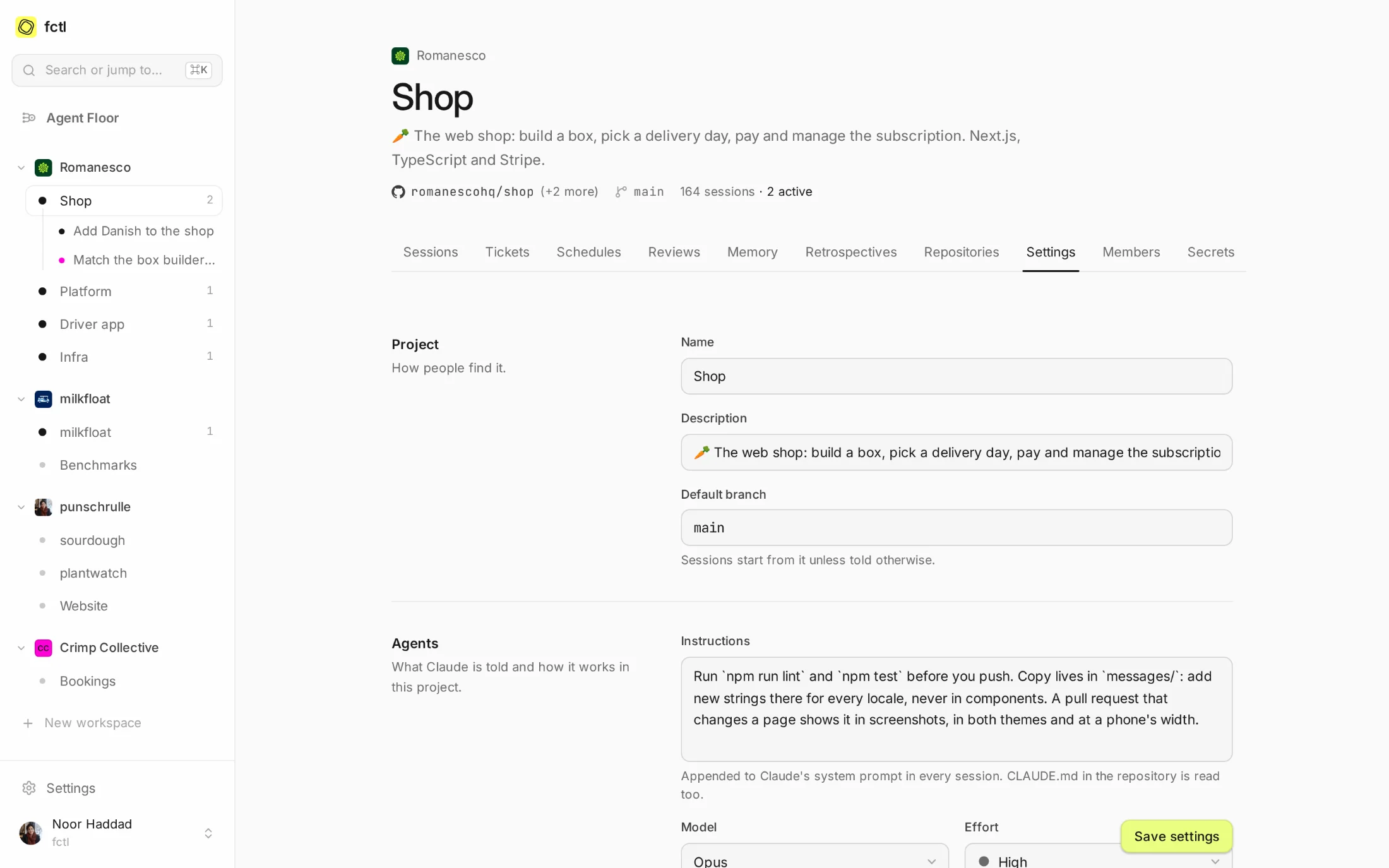 The Shop project's settings: its name and description, its default branch, and the instructions and model its agents start with.
