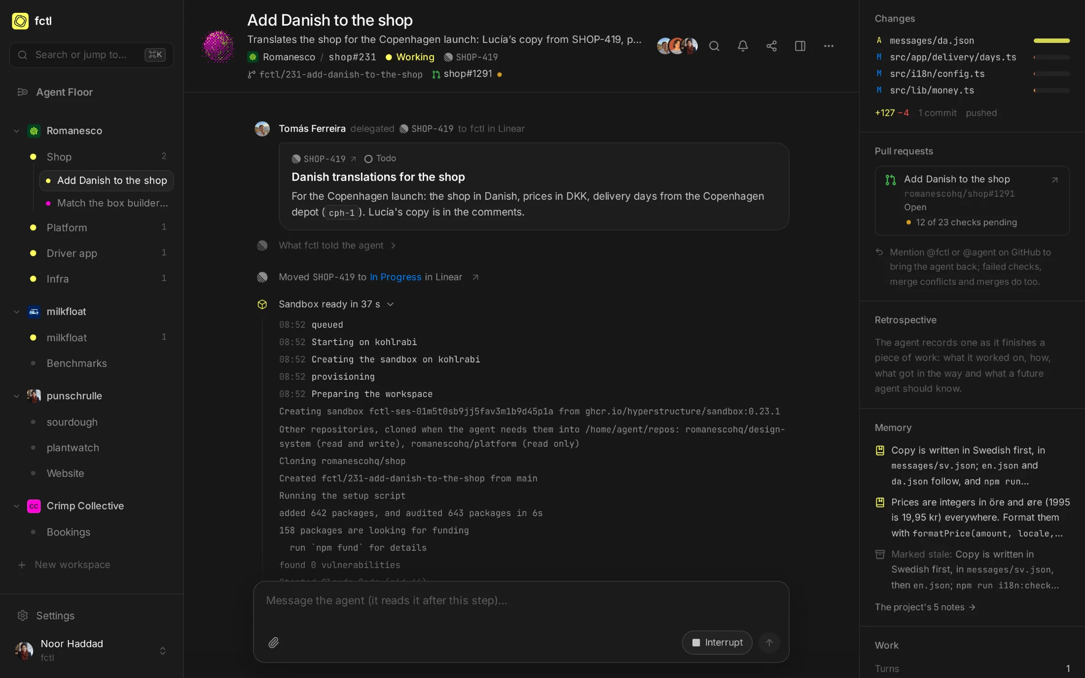 A session's setup, opened: kohlrabi creates its sandbox from fctl's image, clones the shop, runs npm ci from the project's package cache and starts Claude Code, in 35 seconds.