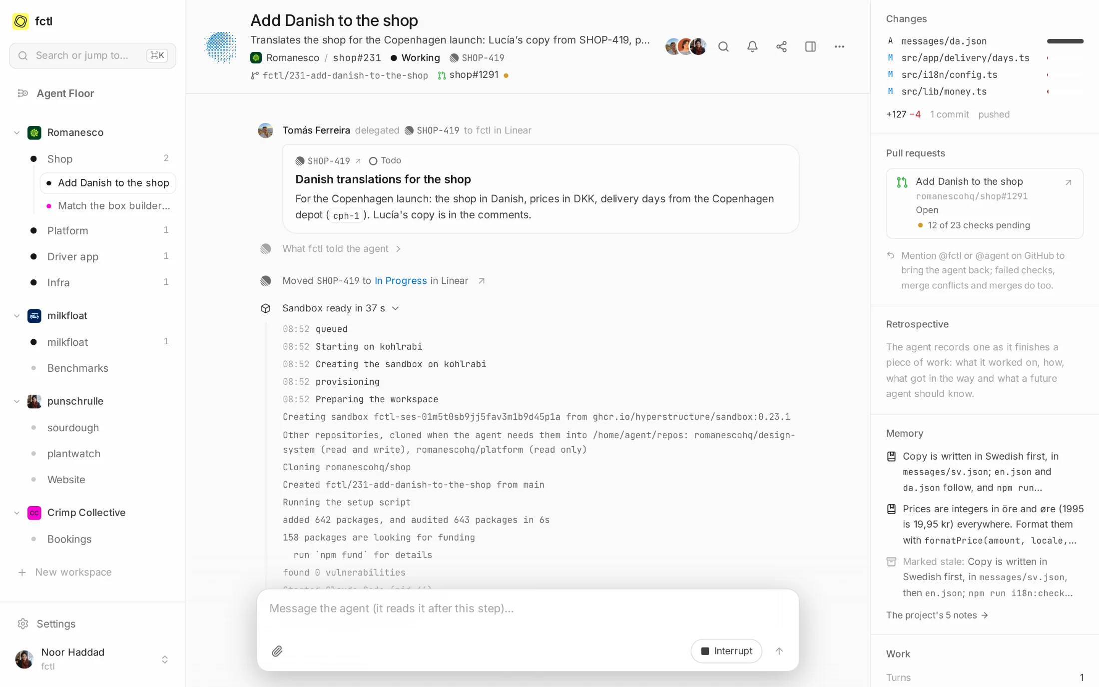 A session's setup, opened: kohlrabi creates its sandbox from fctl's image, clones the shop, runs npm ci from the project's package cache and starts Claude Code, in 35 seconds.