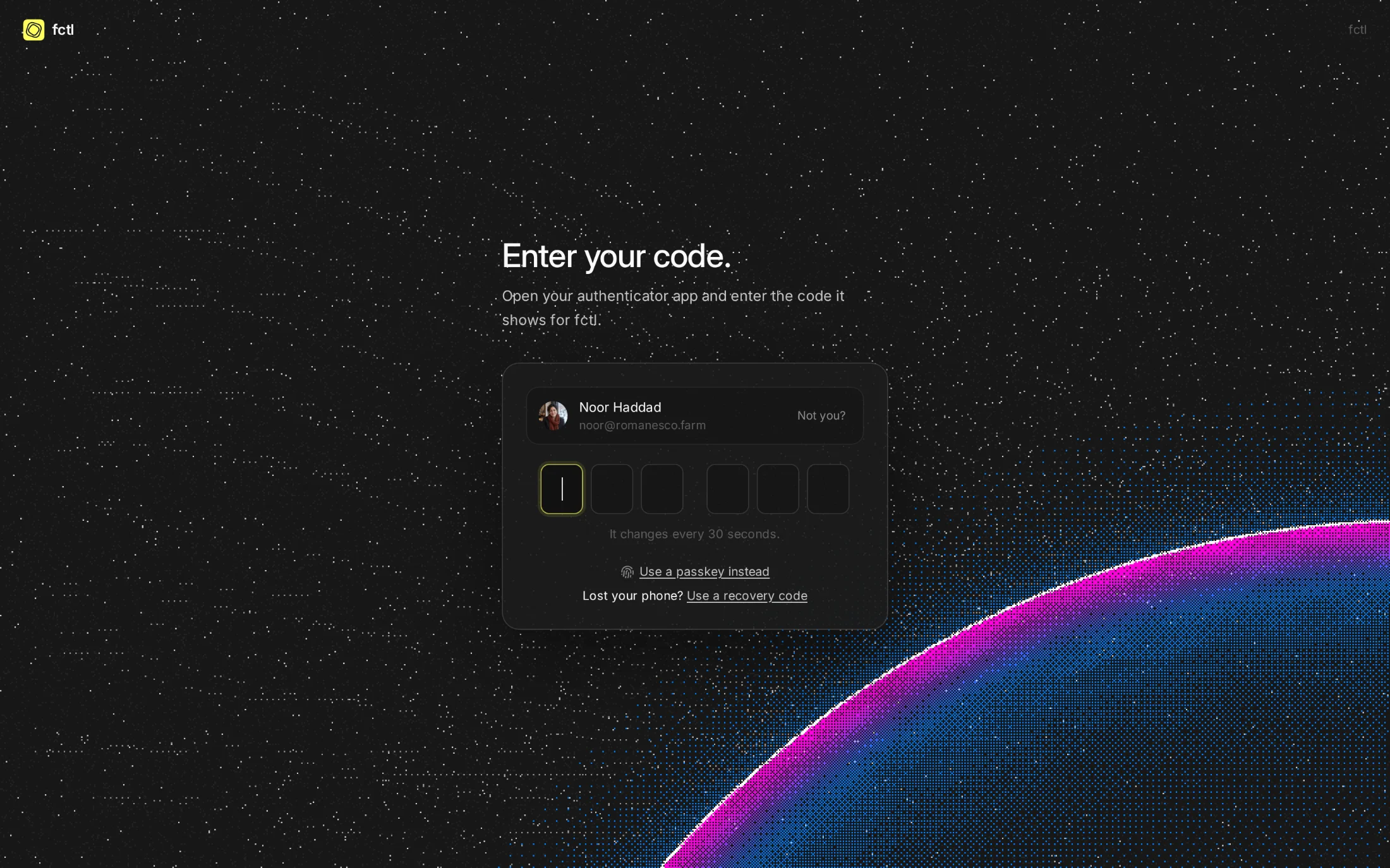Signing in as Noor after her password: enter your code, with her passkey or a recovery code instead.